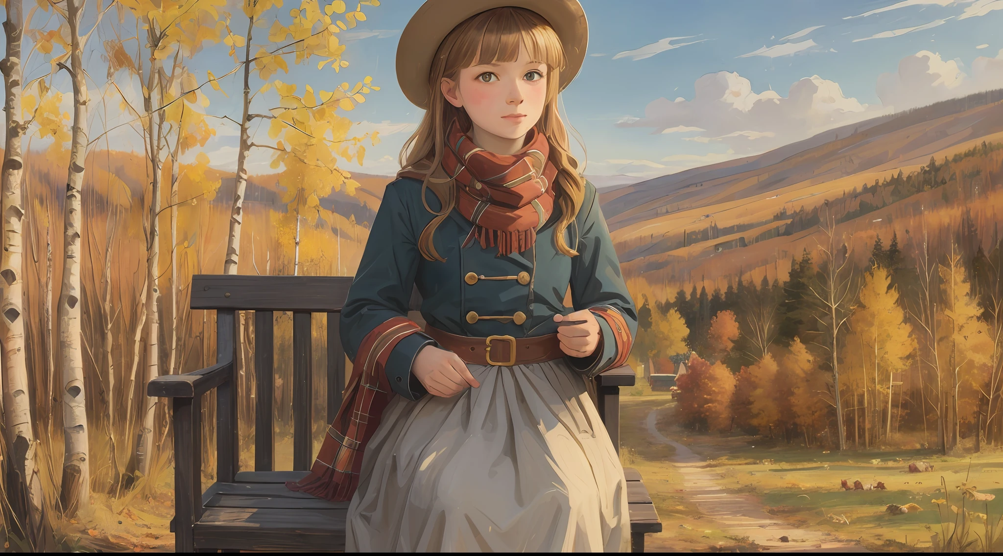 [Portrait of a young Russian girl in a beautiful scarf:20]Rich landscape, 19th century, russian village, birch, Russian paraphernalia, bench, Russian pattern, warm colours, higly detailed (( in the style of Todd Schorr)), Professional, ..SVG, 8K