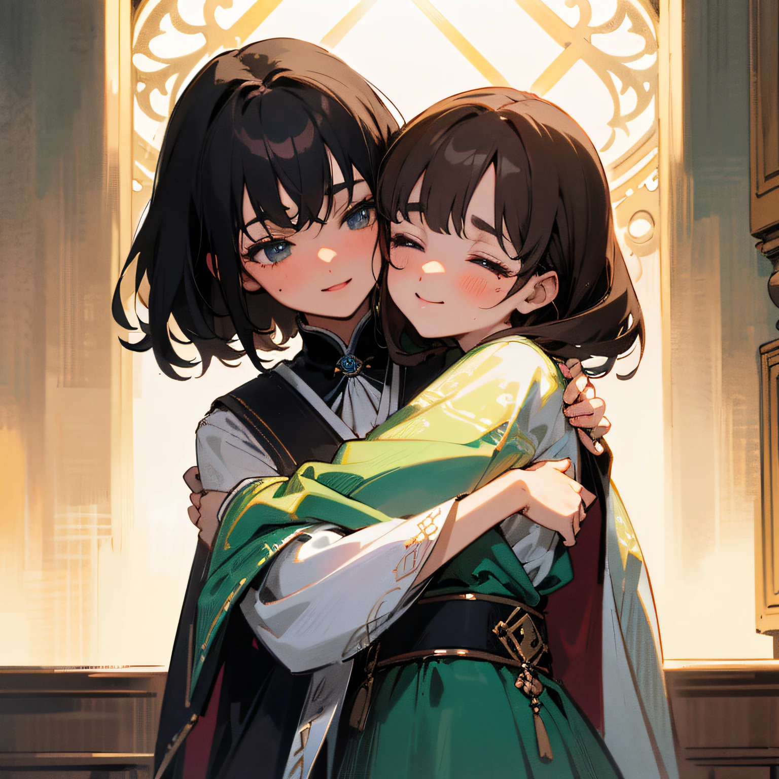 hight resolution,ultra-detailliert,Official art,Beauty and aesthetics,masterpiece,best qualtiy,ighly detailed,Variegated,Most details、Shining eyes、Detailed eyes、face perfect、A dark-haired、Traditional costumes、Girl kissing with closed eyes、Hugging each other、A smile、hide