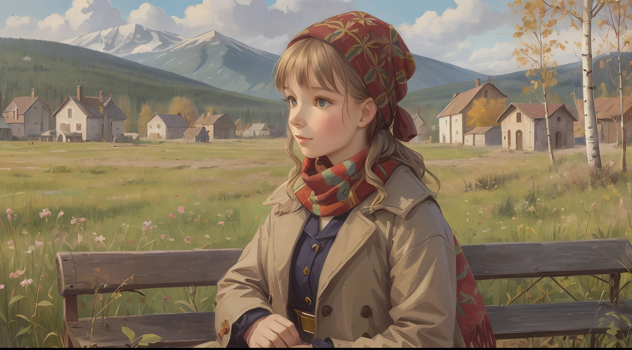 [Portrait of a young Russian girl in a beautiful scarf:20]Rich landscape, 19th century, russian village, birch, Russian paraphernalia, bench, Russian pattern, warm colours, higly detailed (( in the style of Todd Schorr)), Professional, ..SVG, 8K