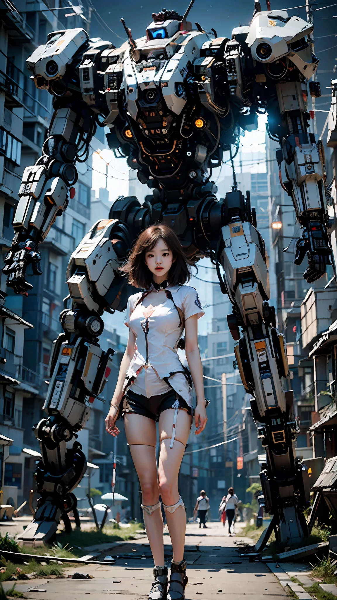 ((tmasterpiece,best qualtiy)),illustratio,Ultra-detailed 8K,Photorealsitic,Clear focus,A highly detailed,Professional lighting,Colorful Detailed,Rainbow color BREAK factory super long shot,Large mechanical robot structure,micro Chip,computers,with light glowing,Complicated details,shitu-mecha,1girl stands in front of the audience,nabel,white stockings