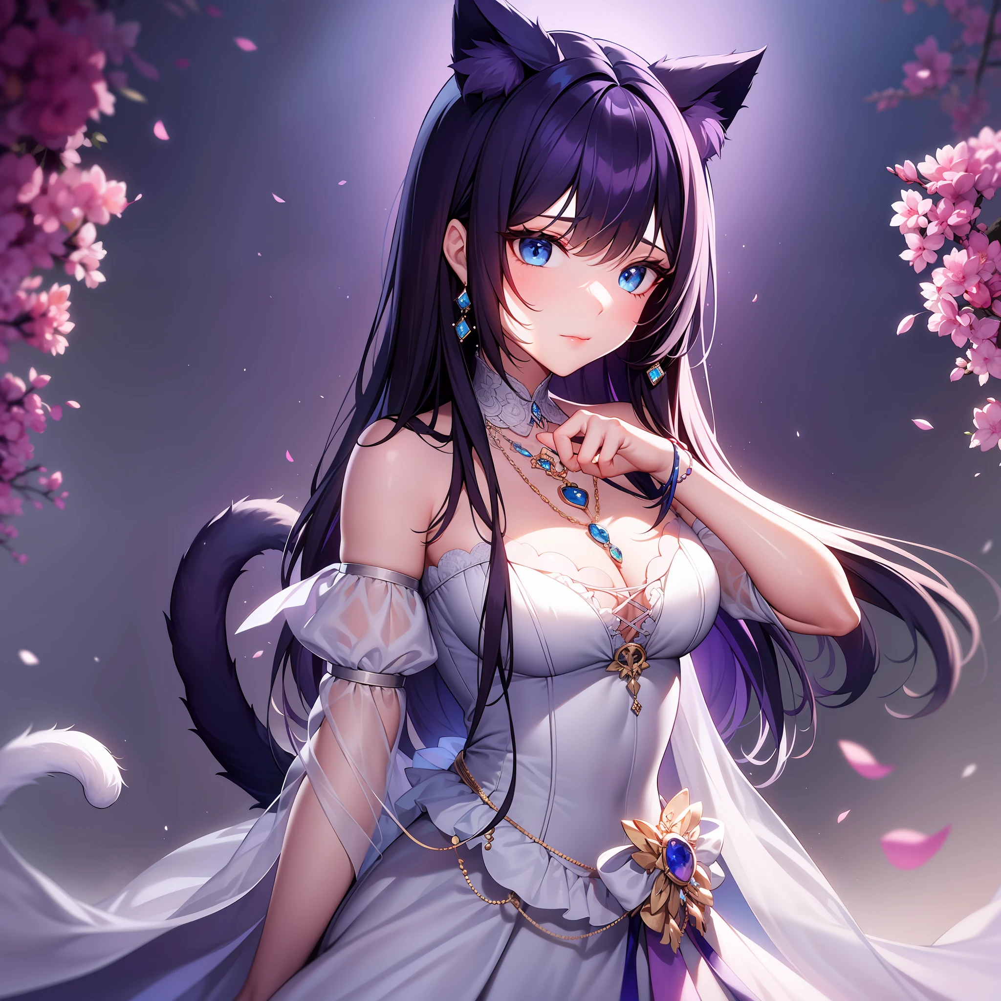 Girl, cute features, bright blue eyes, long dark purple hair, white light dress with cute jewels, cat ears and tail