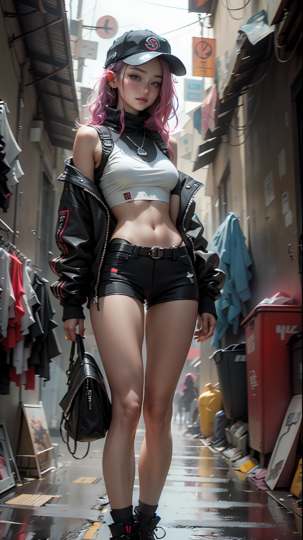 Beautiful woman medium hair, wearing cap, cyberpunk style short clothes