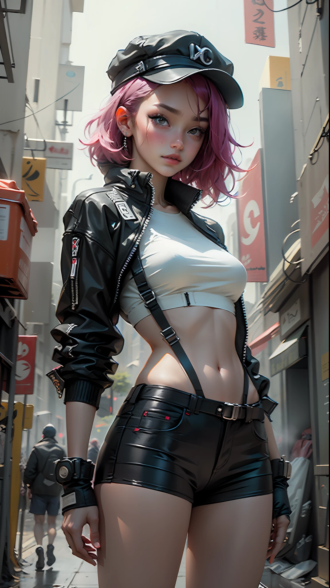 Beautiful woman medium hair, wearing cap, cyberpunk style short clothes
