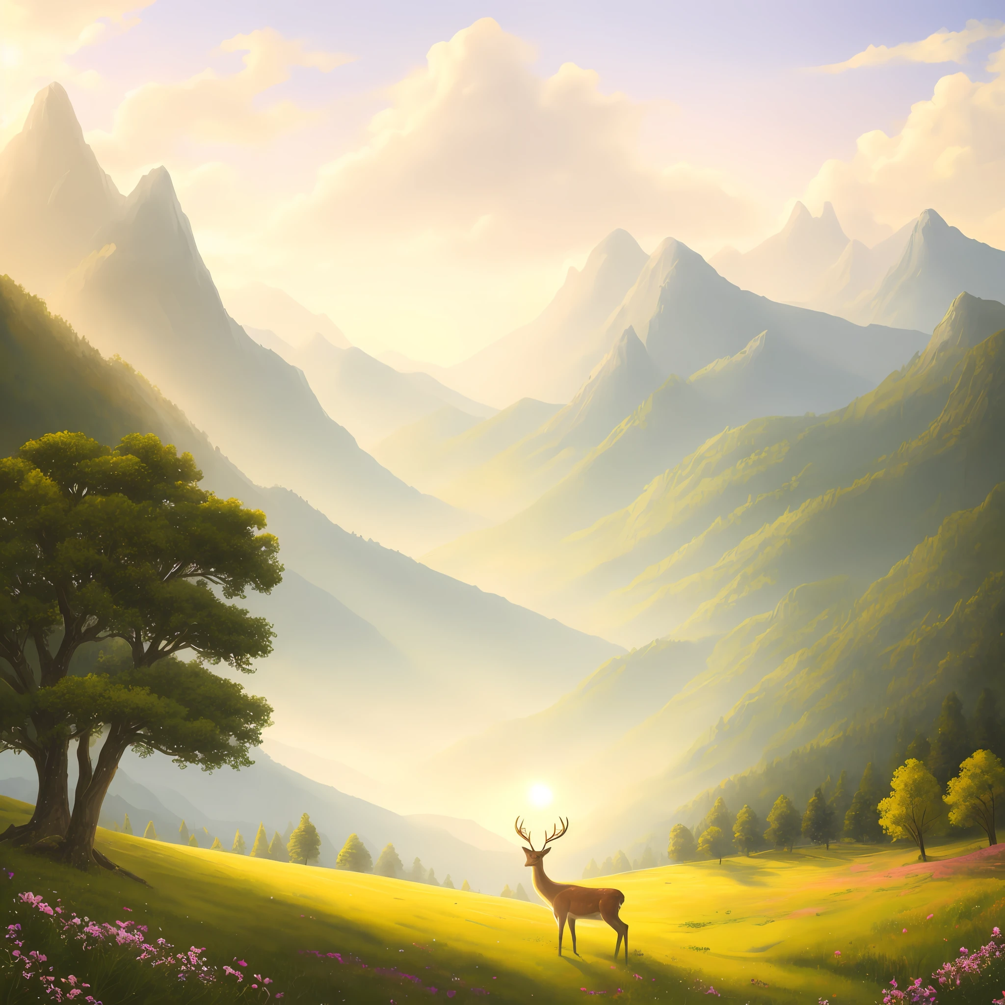 Draw a deer with flowers and trees on the meadow on the mountain, landscape artwork, detailed soft painting, Hand painted landscape, lakeside mountains, mountain scene, soft digital painting, environment painting, scenery art detailed, digital landscape art, Detailed digital painting, detailed scenic view , Distant mountains, glossy digital painting, speedpaint, Dreamy landscape, painted landscape,