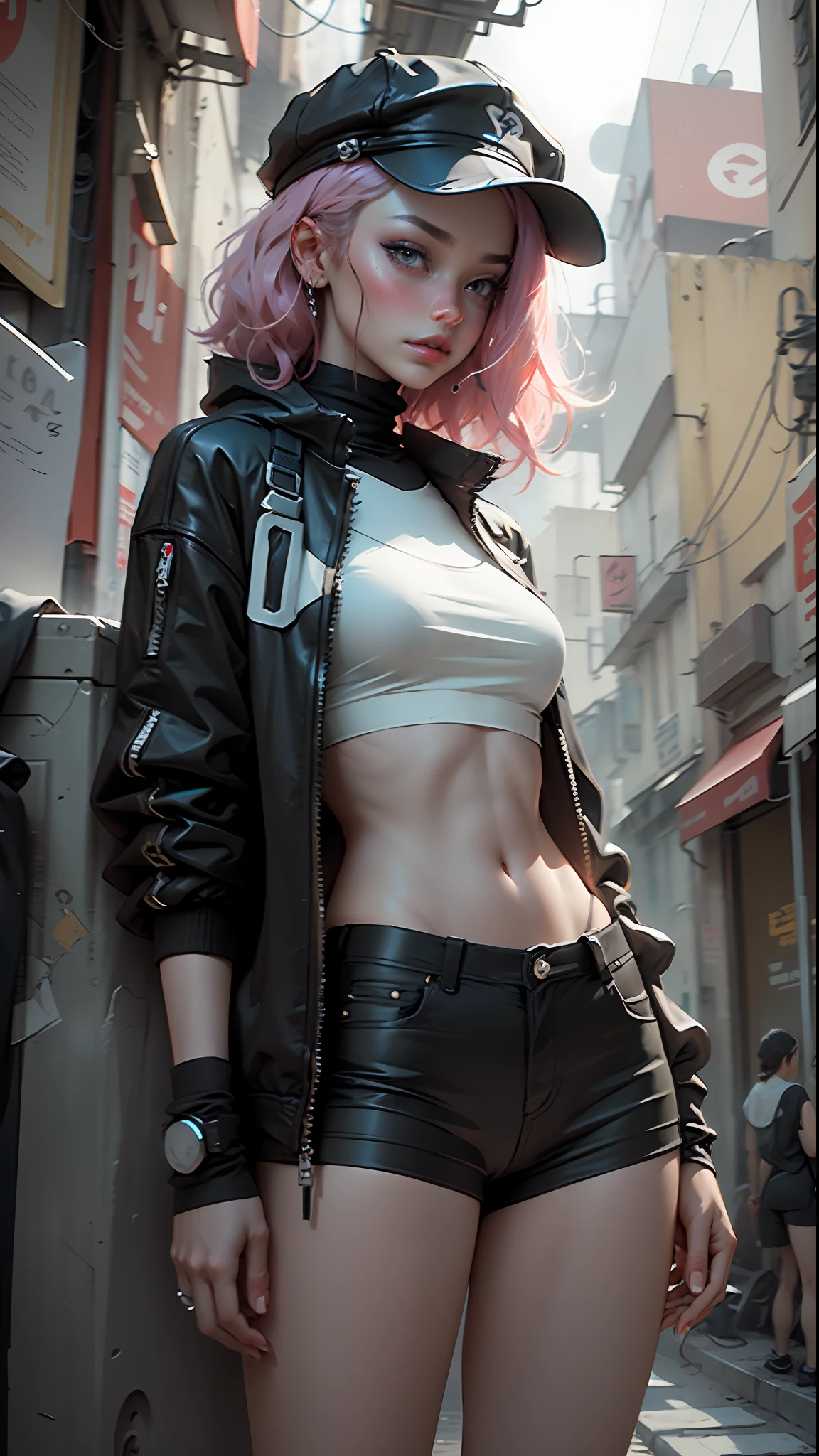 Beautiful woman medium hair, wearing cap, cyberpunk style short clothes