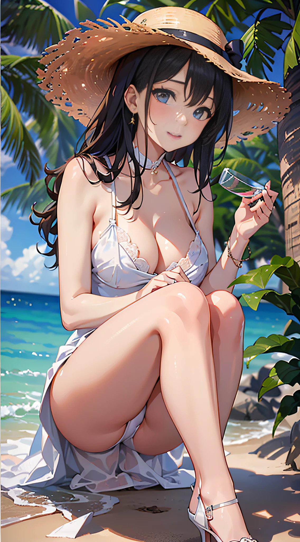 (8K、Raw photography、top-quality、masterpiece:1.2)、Illustration Touch、ultra-detailliert、超A high resolution、1 fair-skinned girl、dark brown hair、Dark blue eyes、White sandy beach、bare-legged、lensflare、Simple white dress、a straw fedora hat、(((Holding high heels in your hands)))