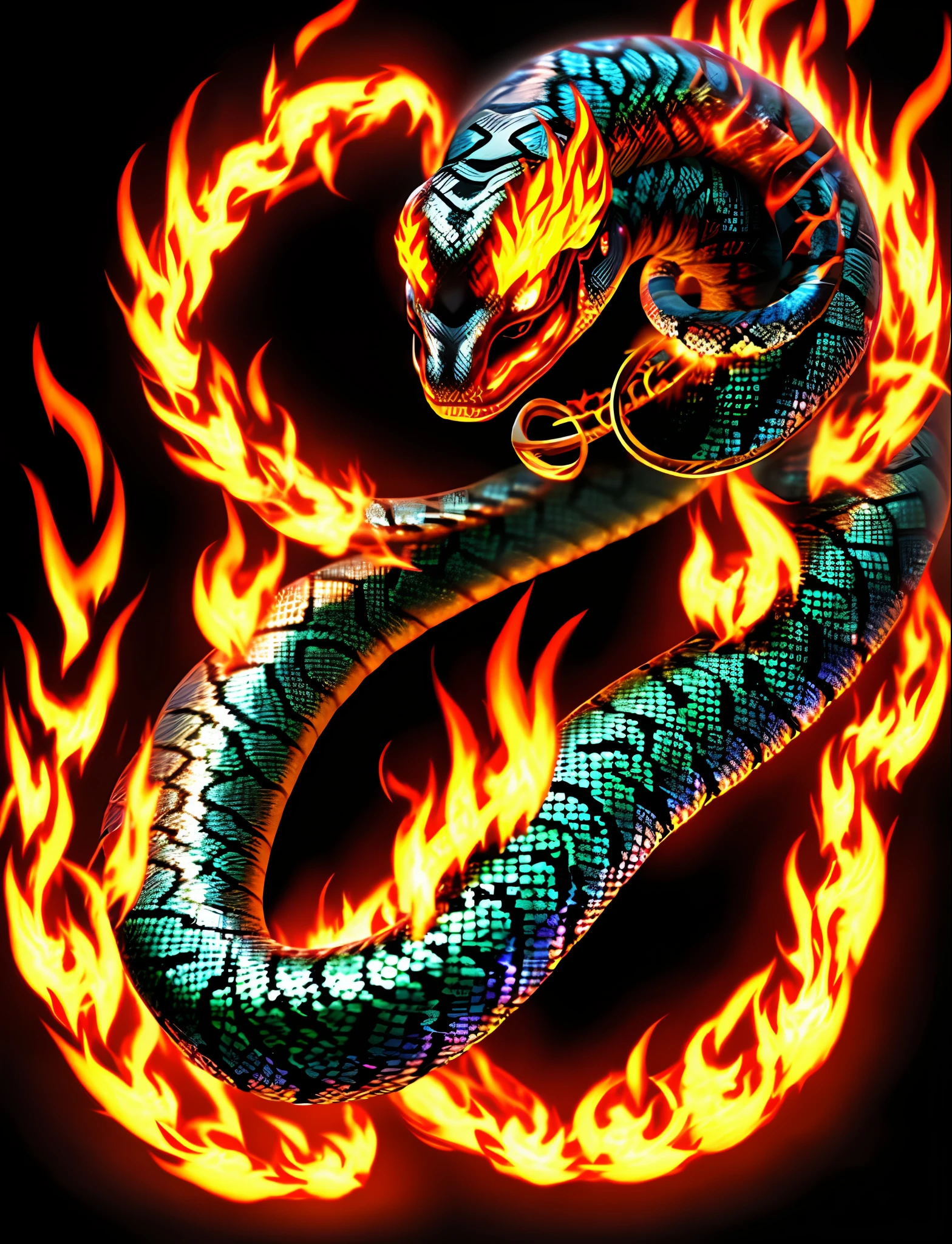 Flaming boa constrictor of evil evil giant with rings of fire around furious