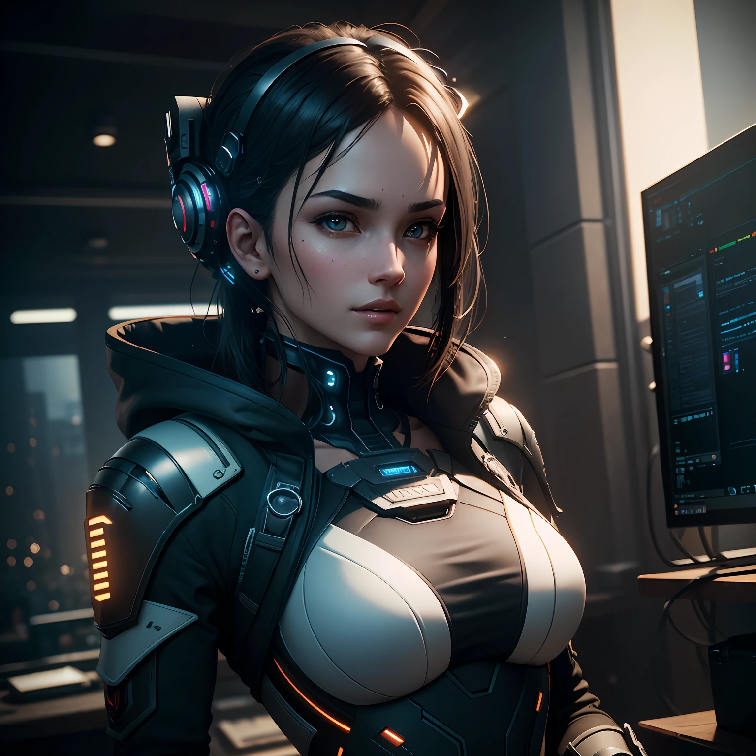 ((Best quality)), ((masterpiece)), (detailed:1.4), 3D, an image of a beautiful cyberpunk female,HDR (High Dynamic Range),Ray Tracing,NVIDIA RTX,Super-Resolution,Unreal 5,Subsurface scattering,PBR Texturing,Post-processing,Anisotropic Filtering,Depth-of-field,Maximum clarity and sharpness,Multi-layered textures,Albedo and Specular maps,Surface shading,Accurate simulation of light-material interaction,Perfect proportions,Octane Render,Two-tone lighting,Wide aperture,Low ISO,White balance,Rule of thirds,8K RAW, --auto