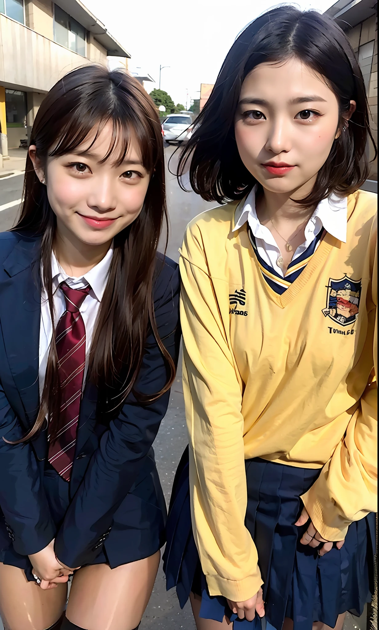 ulzzang -6500-v1.1, (Raw foto:1.2), (Photorealsitic:1.4), a beautiful detailed girl, extremely detailed eye and face, beatiful detailed eyes, Ridiculous, unbelievable Ridiculous, huge filesize, ultra-detailliert, hight resolution, ighly detailed, top-quality, masterpiece, Kemomimi, ((Japanese girls' high school uniform)), illustratio, ighly detailed, nffsw, unification, 8k wallpaper, magnifica, finely detail, masterpiece, top-quality, Highly detailed ticker uniform 8k wallpaper, face lights、电影灯光、1girl in、sixteen years old、((dynamicposes)))、(camel's toe)、(half)、(Black stockings))、campus、a street、城市、dance