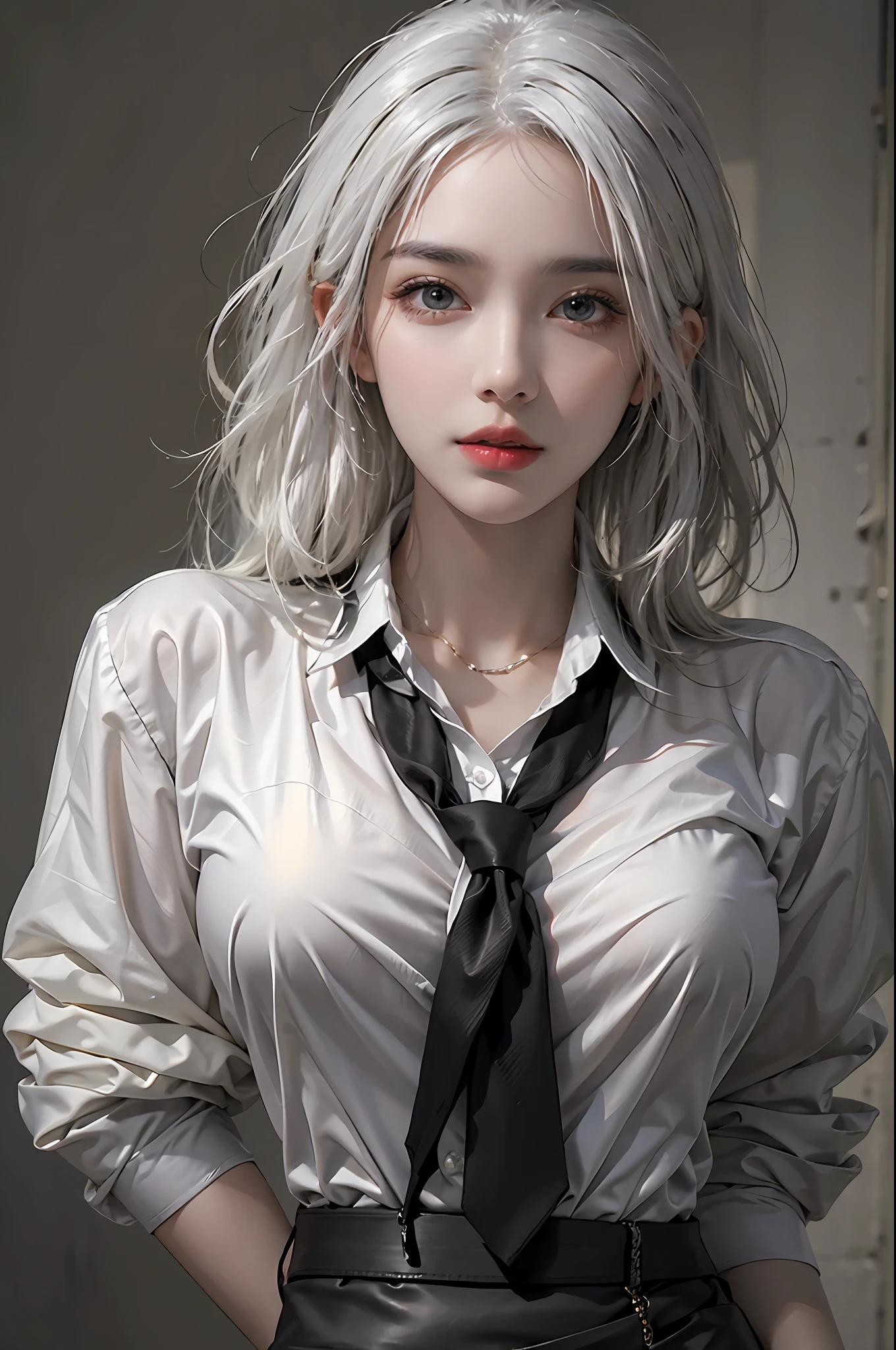 photorealistic, high resolution, 1 women, solo, hips up, beautiful eyes, white hair, ringed eyes, collared shirt,black necktie,black skirt, pencil skirt, fur coat