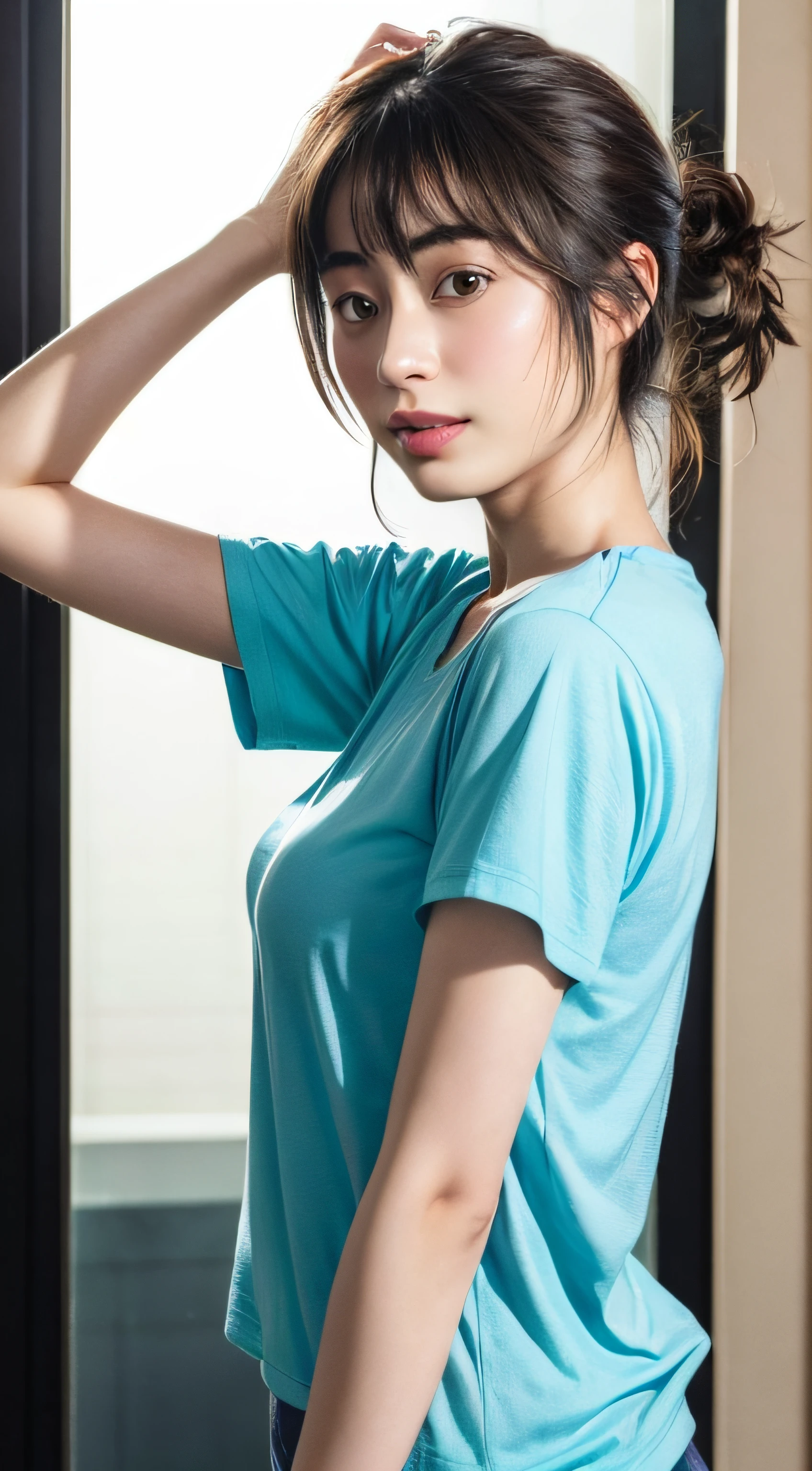 doress、(Photorealsitic:1.4)、(hyper realisitic:1.4)、(realisitic:1.3)、(Smooth lighting:1.05)、(Improved lighting quality in movies:0.9)、32K、1girl in、20 years girl、Realistic lighting、Back lighting、Facial light、raytrace、(brightened light:1.2)、(enhanced quality:1.4)、(Top quality real texture skins:1.4)、finely eye、finerly detailed face、Fine quality eye、(Tired, sleepy and satisfied:0.0)、 close up of face、tshirts、(enhance body line mood:1.1)、(Increase the beauty of skin texture:1.1)、((Suzuni Hirose))、