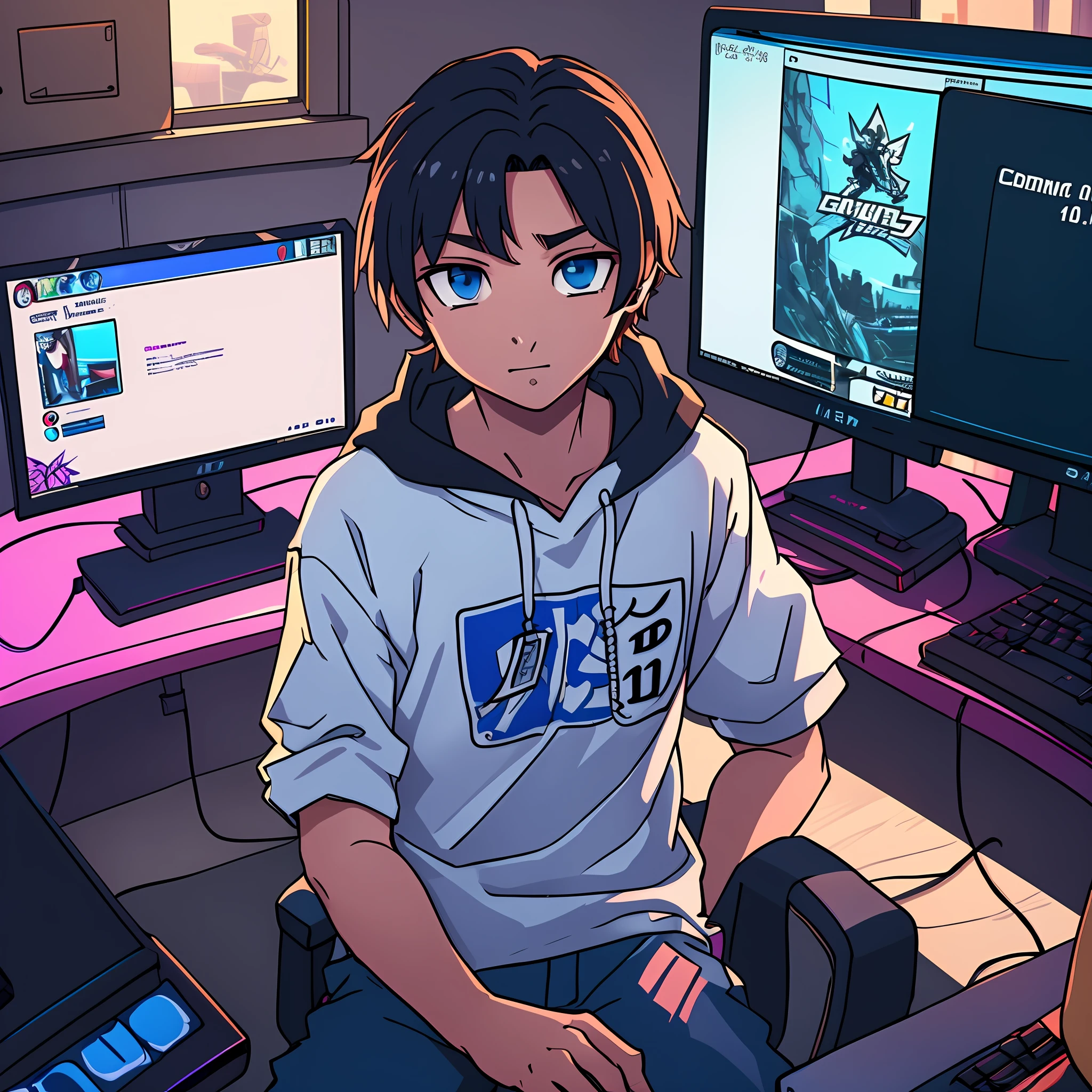 Best quality: 1.0), (Super High Resolution: 1.0), Anime boy, short black hair, blue eyes, sitting in front of computer playing games, background in esports room, --auto --s2