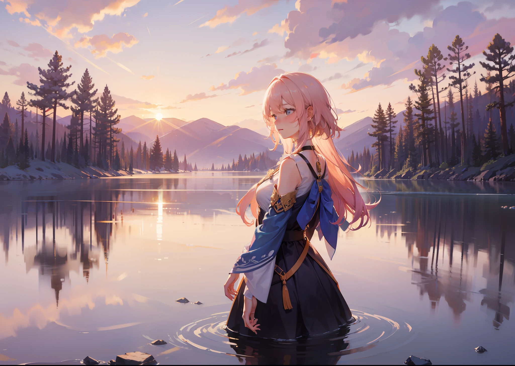 1 girl, serene expression, mesmerizing eyes, straight long hair, flowing dress, poised posture, porcelain skin, subtle blush, crystal pendant
BREAK
golden hour, (rim lighting):1.2, warm tones, sun flare, soft shadows, vibrant colors, painterly effect, dreamy atmosphere
BREAK
scenic lake, distant mountains, willow tree, calm water, reflection, sunlit clouds, peaceful ambiance, idyllic sunset, ultra detailed, official art, unity 8k wallpaper
, zentangle, mandala