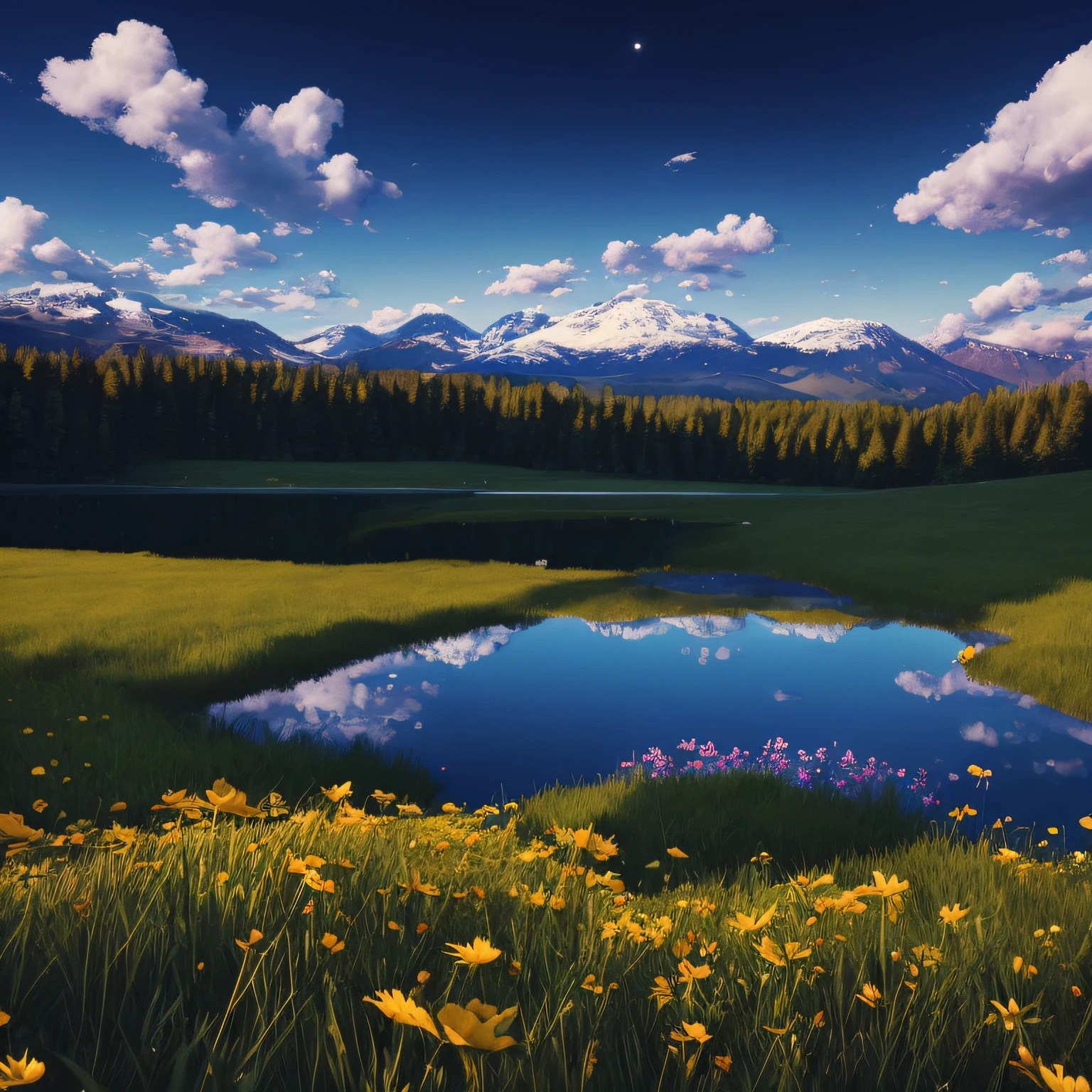 Summer, meadows, a few small flowers, clear lakes, sheep, heaven, large clouds, blue sky, hot weather, HD detail, hyper-detail, cinematic, surrealism, soft light, deep field focus bokeh, distant vistas are snowy mountains, ray tracing, and surrealism. --v6