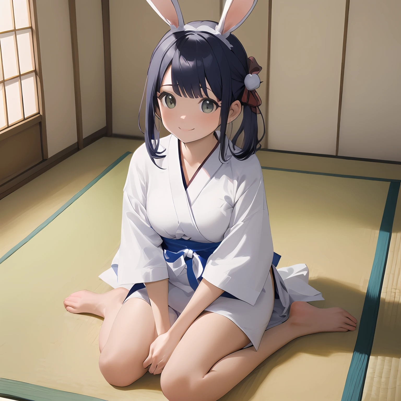 Rabbit-eared girl　Tatami room　Sitting in a yukata　a smile