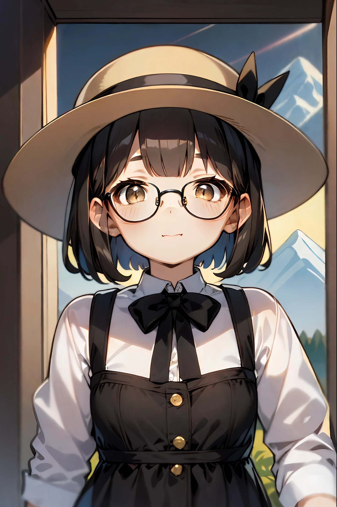 (1 ****************、A dark-haired、short-hair、straight haired、bow ribbon、Light brown eyes、Black glasses、small tits、cute  face)、in mountains、Homework、a straw fedora hat、​masterpiece、top-quality