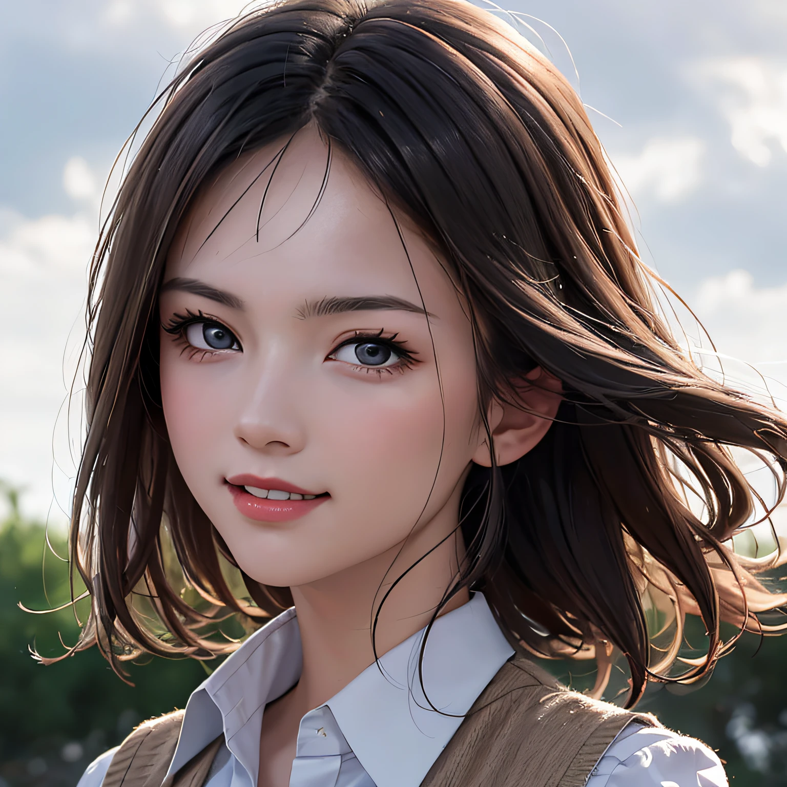 (8K, RAW Photos, of the highest quality, Masterpieces: 1.2), (Realistic, Photorealistic: 1.37), Highest Quality, Ultra High Resolution, light  leaks, Dynamic lighting, Slim and smooth skin, (Full body:1.3), (Soft Saturation: 1.6), (Fair skin: 1.2), (Glossy skin: 1.1), Oiled skin, 22 years old, Night, shiny white blonde, Well-formed, Hair fluttering in the wind, Close-up shot of face only, Physically Based Rendering, From multiple angles, A big smile, School uniform, Beige vest, thunderstorm, The Flash, Put the bottom out a little