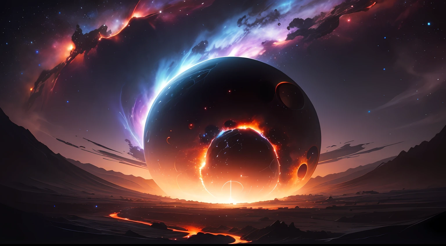 Black holes in the distance are ravaging the Milky Way,Located in space,Deep starry sky,the boundless universe,mistic,fantasy,erupting volcano,It's full of danger,There was magma everywhere --auto