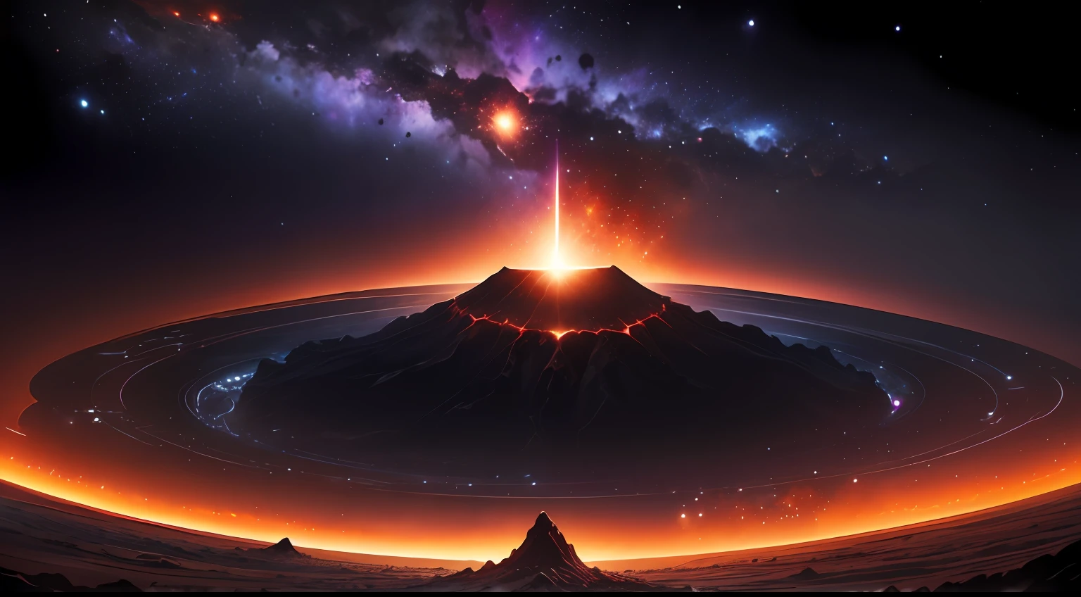 Black holes in the distance are ravaging the Milky Way,Located in space,Deep starry sky,the boundless universe,mistic,fantasy,erupting volcano,It's full of danger,There was magma everywhere --auto