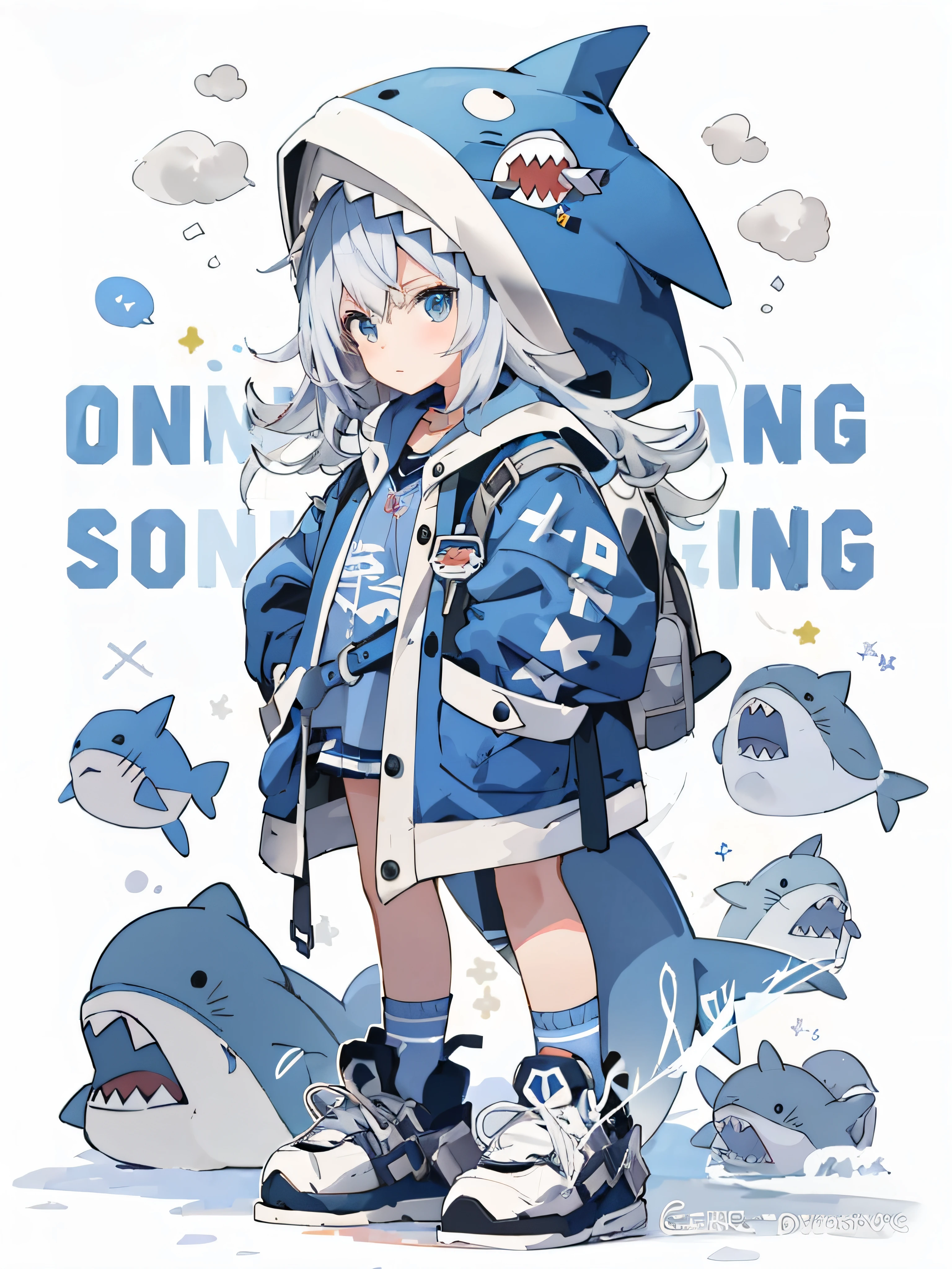 Cartoon drawing of a girl in a blue jacket and shark hat, Trending anime art, trending anime artwork, anime trending artwork, Kantai collection style, pixiv trending, trending on pixiv, An anime cover, trending on artstation pixiv, trending on artstration, Official artwork, trending on cgstation, anime visual of a cute girl