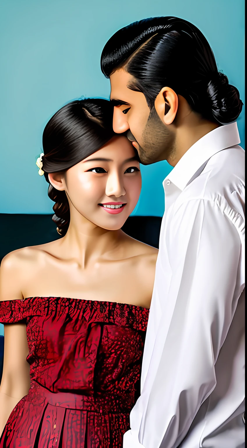 Clear focus,A detailed,dramatics,Delicate and beautiful Japanese schoolgirl and Indian man intimate,Female students wear white shirts,tiese,Dark blue pleated miniature miniature,pale brown hair,Smooth braids,Raised sexy,ssmile,peeking at the viewer,Beautiful graphics,bright schoolhouse,Full of students,Indian men are rugged,showing whole body,Lovers,hugs,Intimacy,seductiv