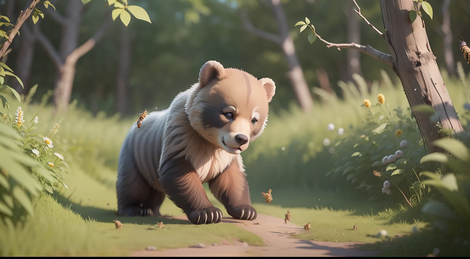 In the woods,The bear cub is attacked by a swarm of bees,Little Bear walked away in fear