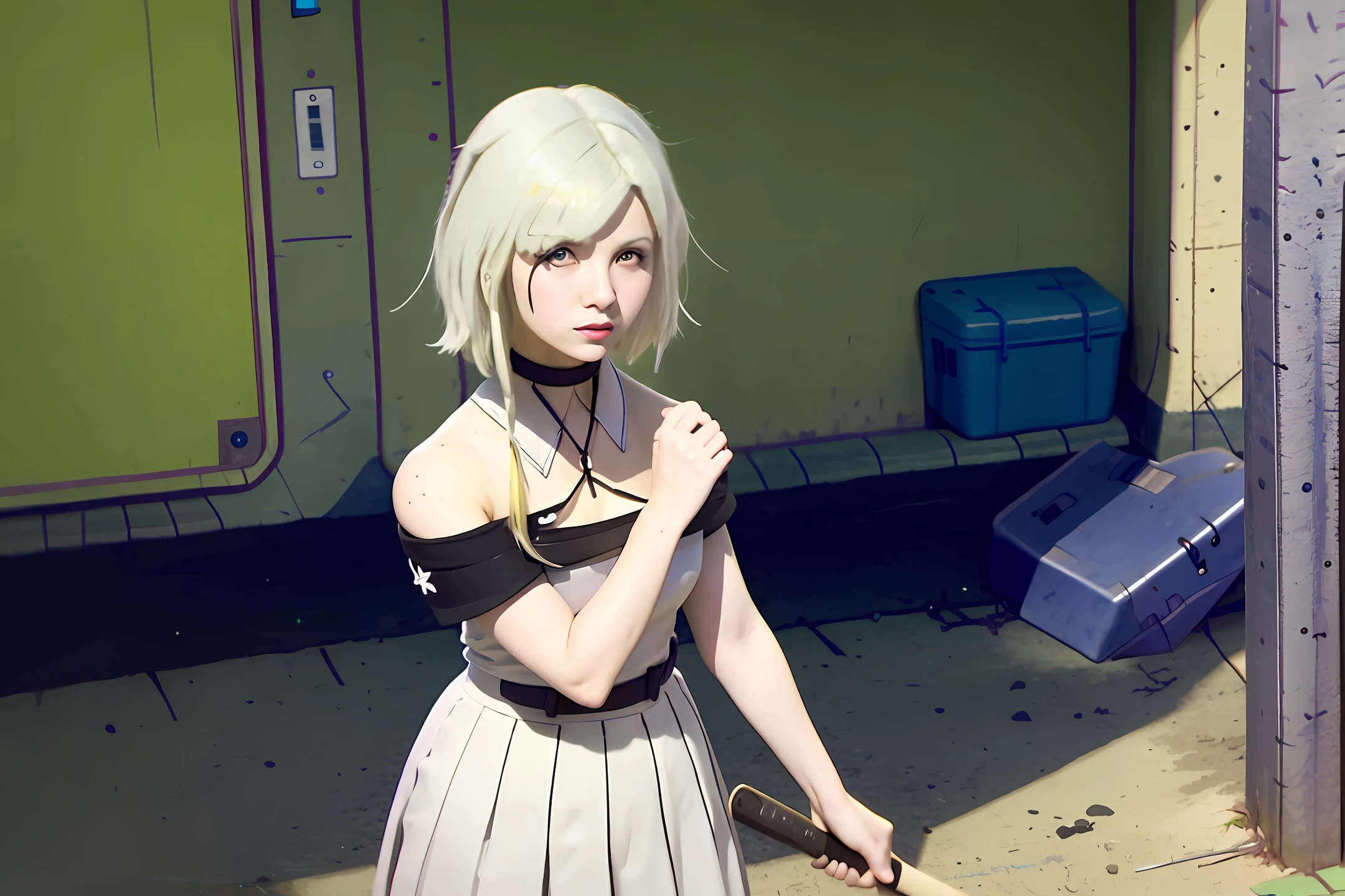 A two-dimensional girl with a baseball bat in her hand，The background is the street in the afternoon