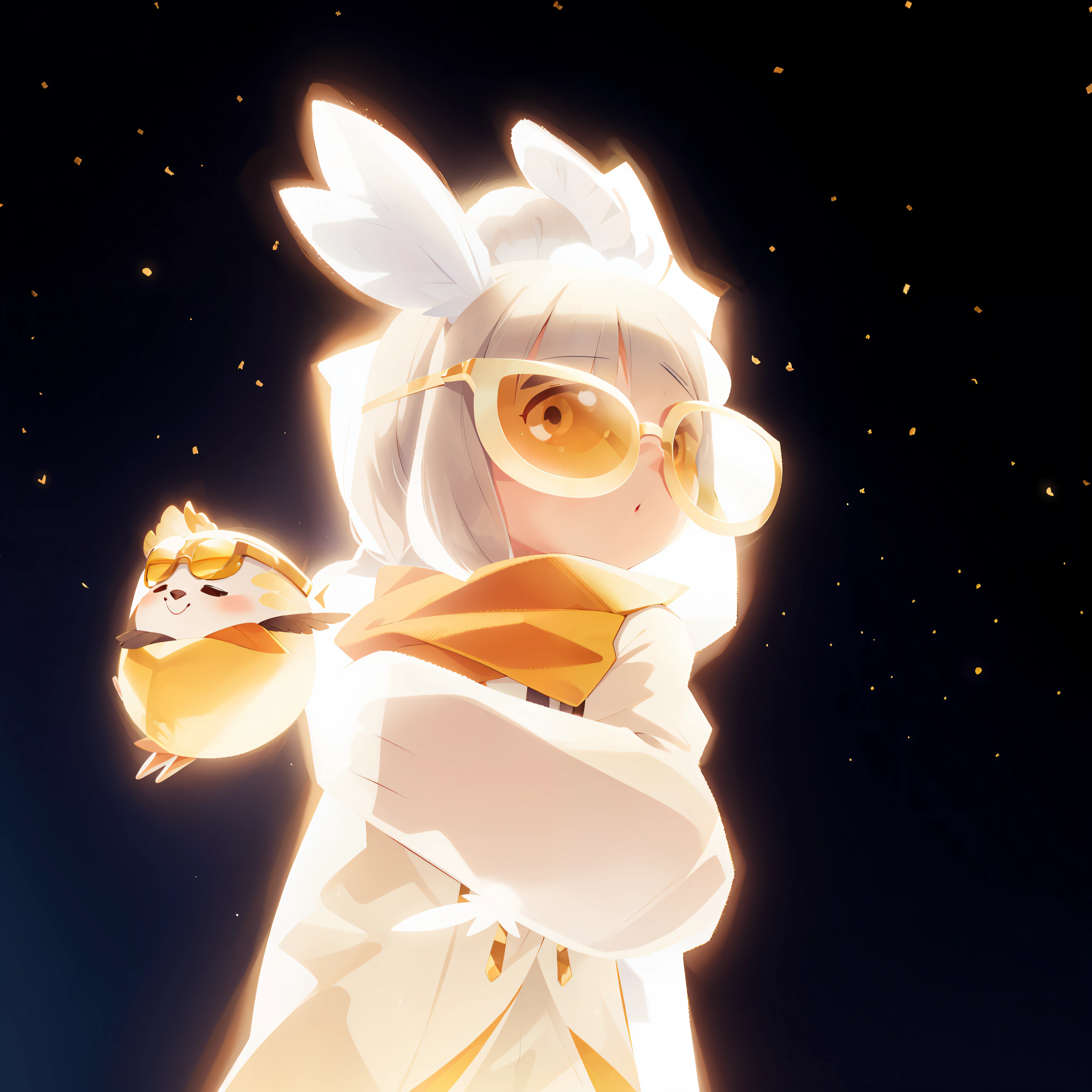 Wear gold sunglasses,Rabbit on the head,Hairstyle of bird feathers,Golden scarf,The body emits a golden light,younge boy