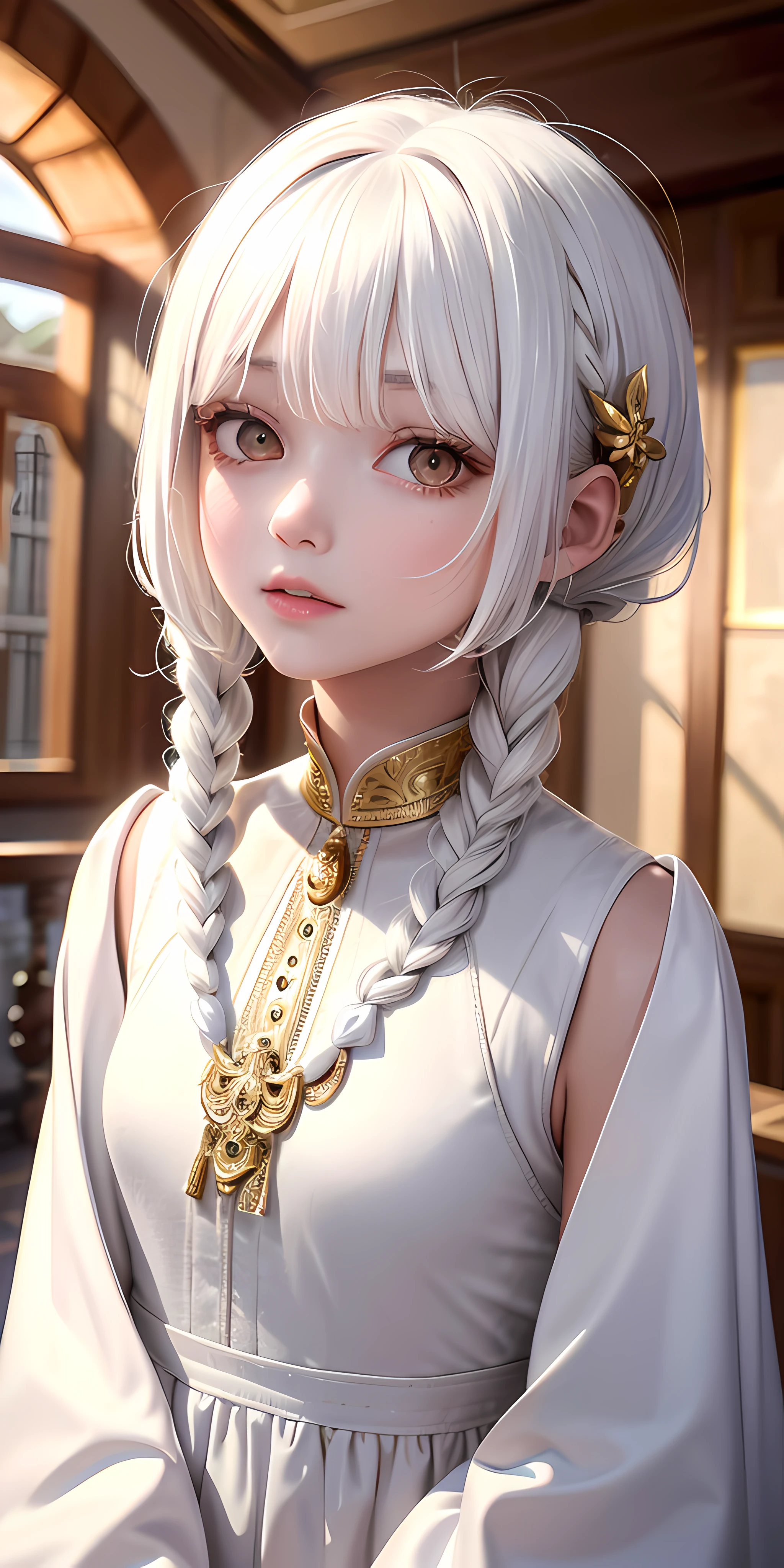 best quality, masterpiece,white hair, gold eyes,white clothes, looking up, upper body,hair strand,Fair skin,side braids