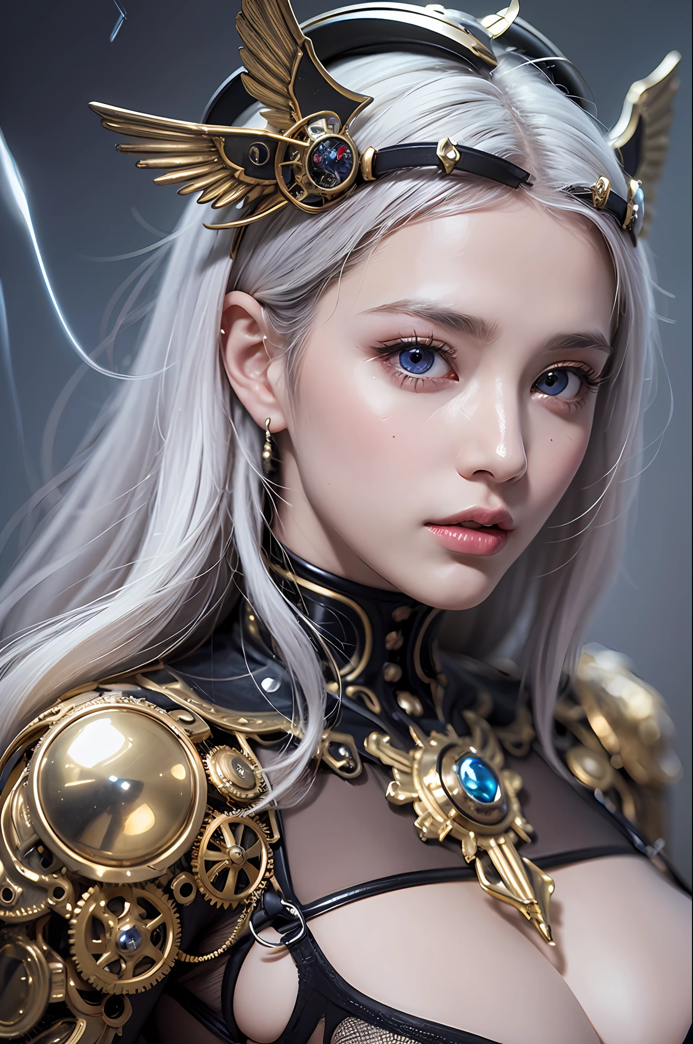 top-quality、masterpiece、超A high resolution、(Photorealsitic:1.4)、Raw photo、Mechanical Angel、large wings made of metal、White porcelain body、white hair、glowy skin、1 Mechanical Girl、((super realistic details))、portlate、globalillumination、Shadow、octan render、8K、ultrasharp、character edge light,Colossal tits、Raw skin is exposed in cleavage、Details of complex ornaments、Steampunk details、Hydraulic cylinder、highly intricate detail、Realistic light、a purple eye、radiant eyes、Facing the camera、neon details、cowboy shot、Futuristic headgear、Small LED lamp、