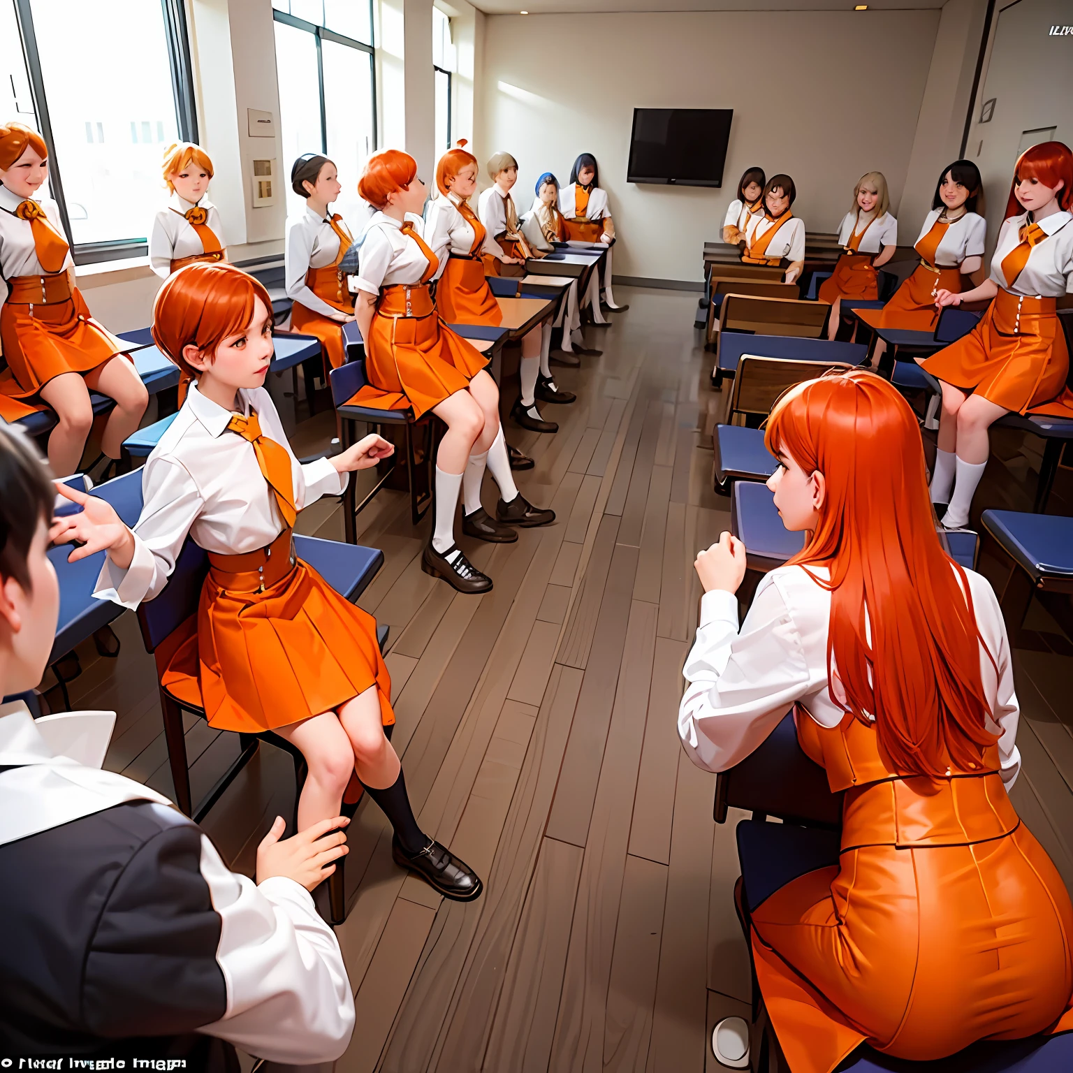 Group of 15-year-old teenagers in training trained in ilera all have orange hair and orange eyes and wear elegant gold etiquette suits