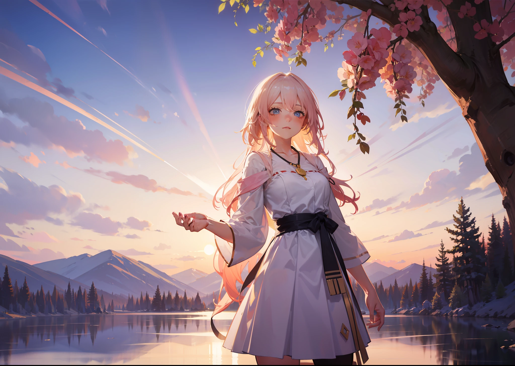 1 girl, serene expression, mesmerizing eyes, straight long hair, flowing dress, poised posture, porcelain skin, subtle blush, crystal pendant
BREAK
golden hour, (rim lighting):1.2, warm tones, sun flare, soft shadows, vibrant colors, painterly effect, dreamy atmosphere
BREAK
scenic lake, distant mountains, willow tree, calm water, reflection, sunlit clouds, peaceful ambiance, idyllic sunset, ultra detailed, official art, unity 8k wallpaper
, zentangle, mandala