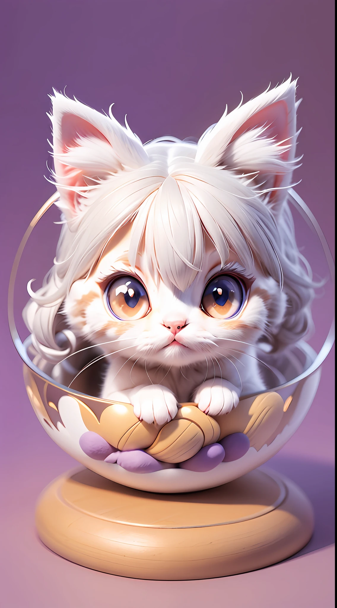 A white-haired kitten，adolable，spherical，afloat，shaggy，Big eyes，Non-human，In purple，Simple，Morandi color system