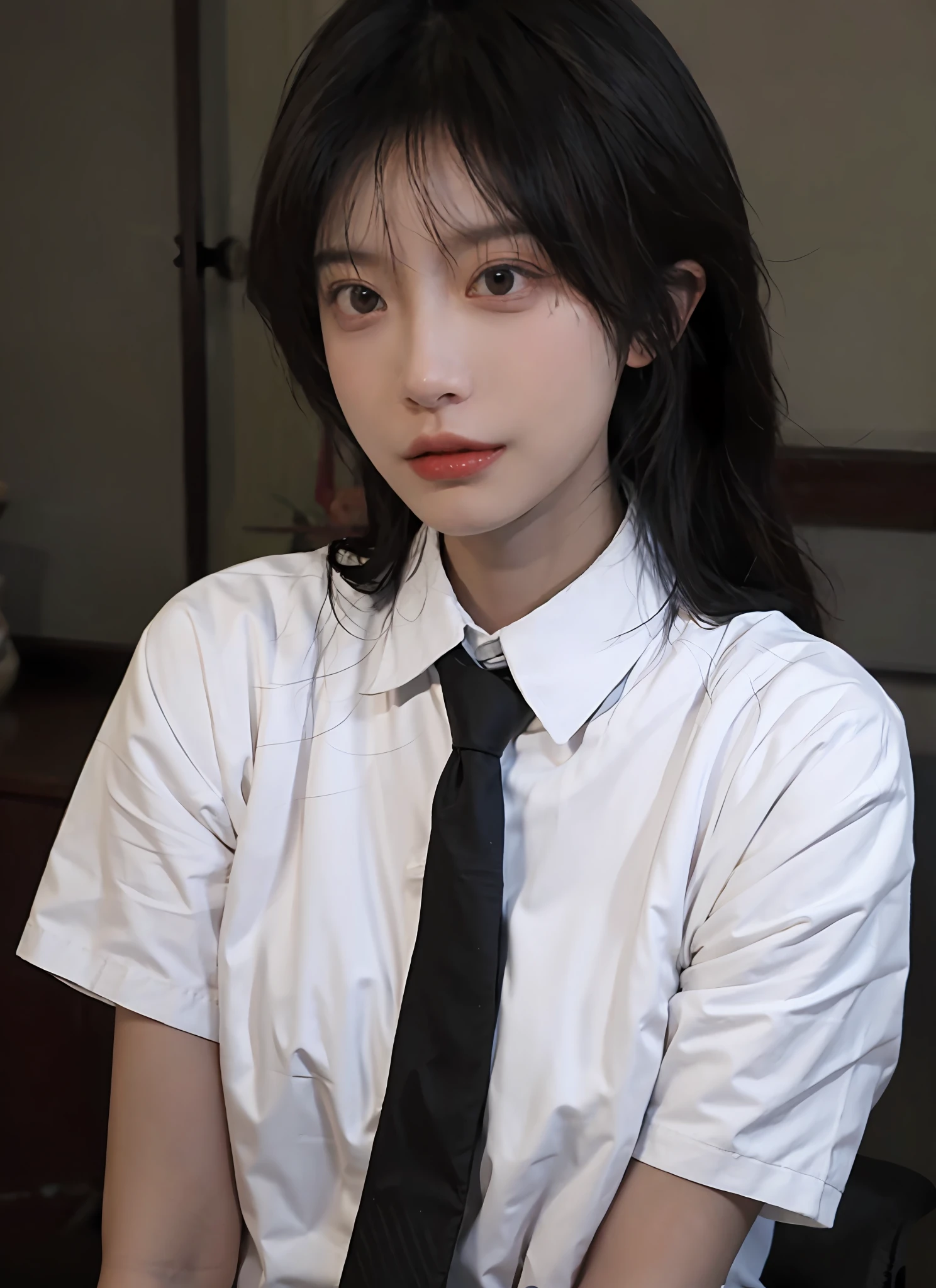 best qualtiy,tmasterpiece,超高分辨率,(realisticlying:1.4),1girll,Raised sexy,(Shirts and ties of random colors:1.2),(brassier:1.2),(Bigchest:1.3),(The upper part of the body:1.4)