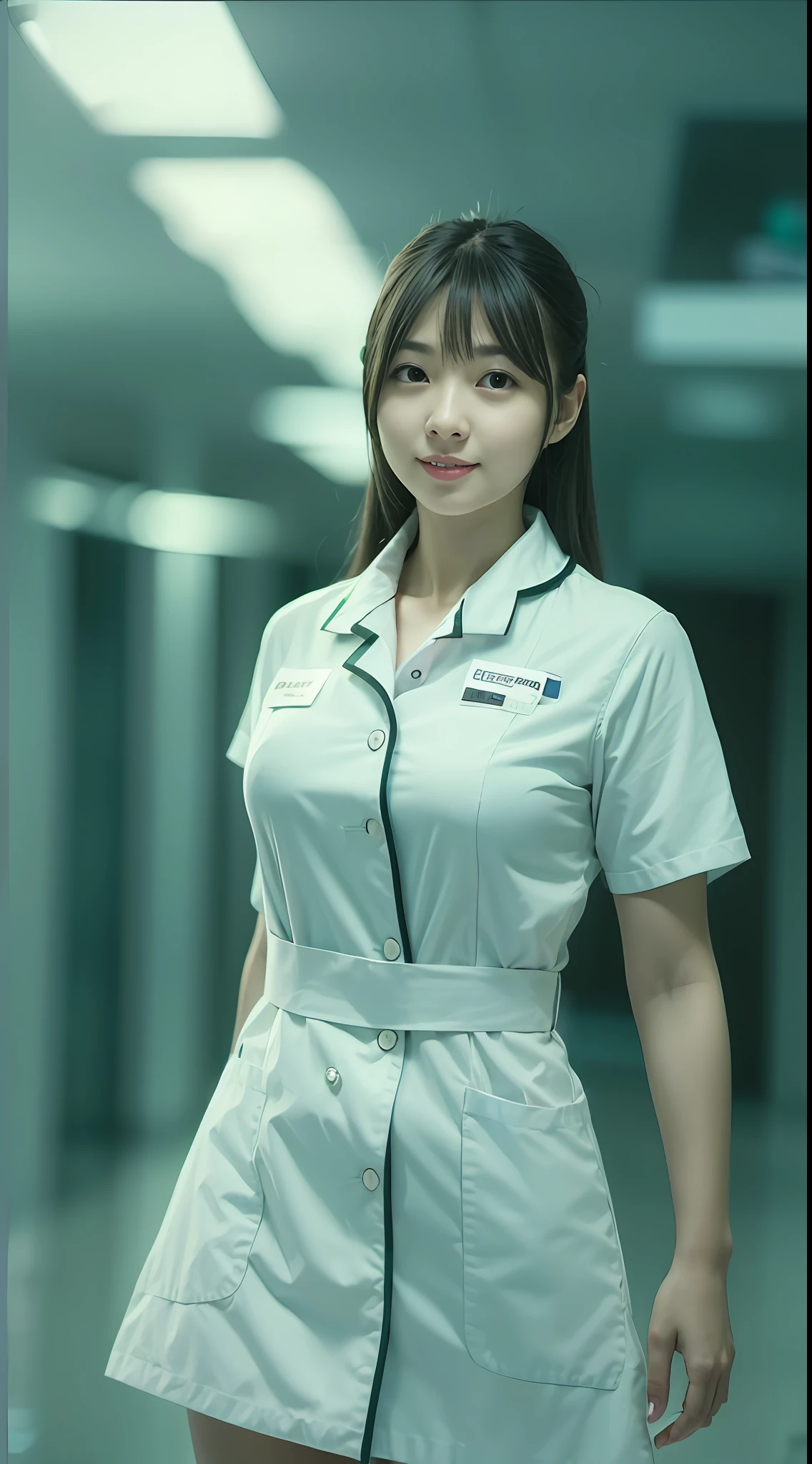 1. Slender Girl, flat-chest, white nurse uniforms, M-shaped legs, bangss, a smile, Staffed, Cinematographic lighting, (8K, masterpiece, Top image quality, Raw photo), action