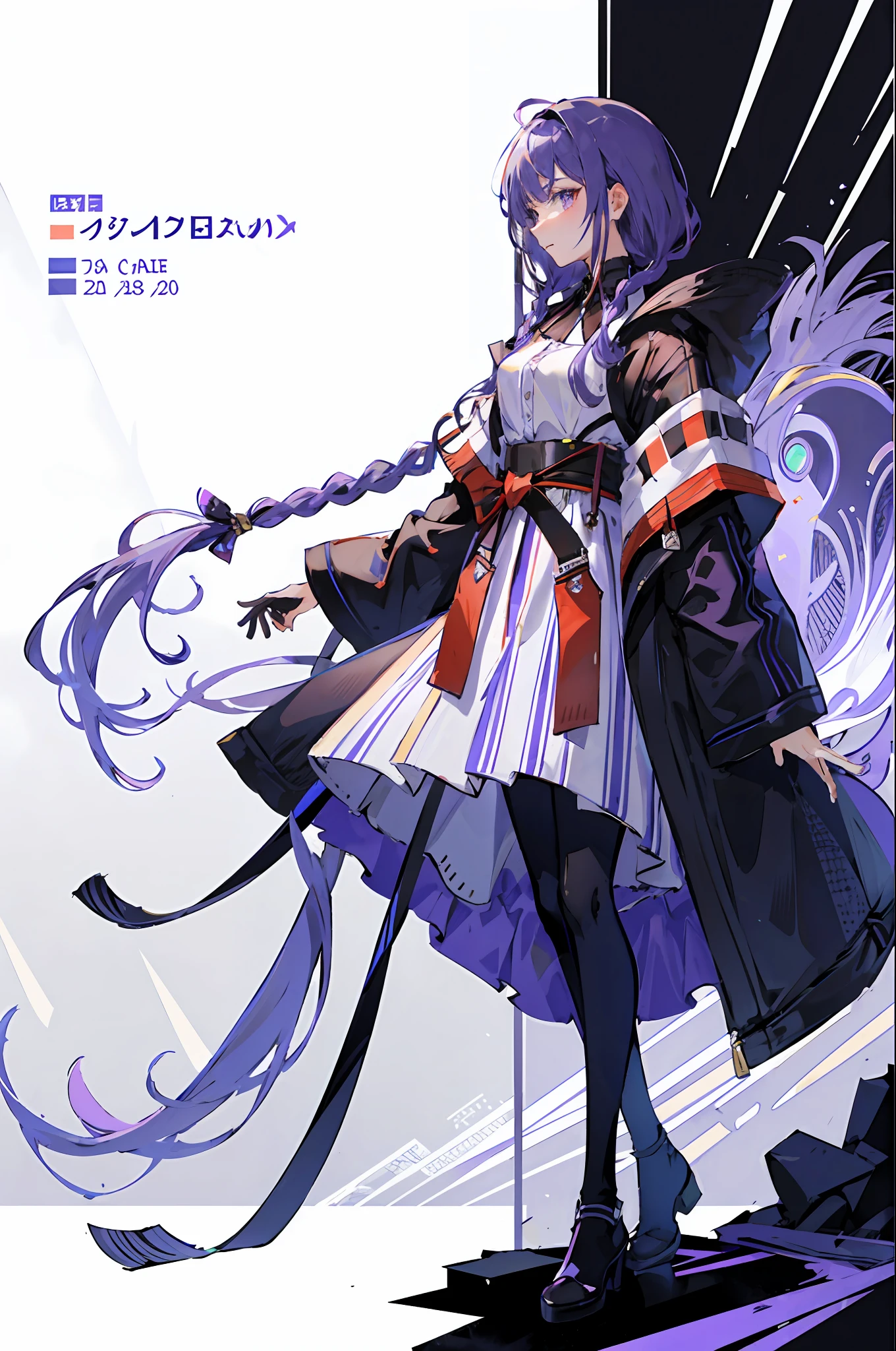 profile,Charter layout,full body,Stand and pay attention,view the viewer,putdownhands,Flashy clothes,Detail Clothing,White background,Raiden general，Purple eye，Twist braids，Purple colored hair，long whitr hair