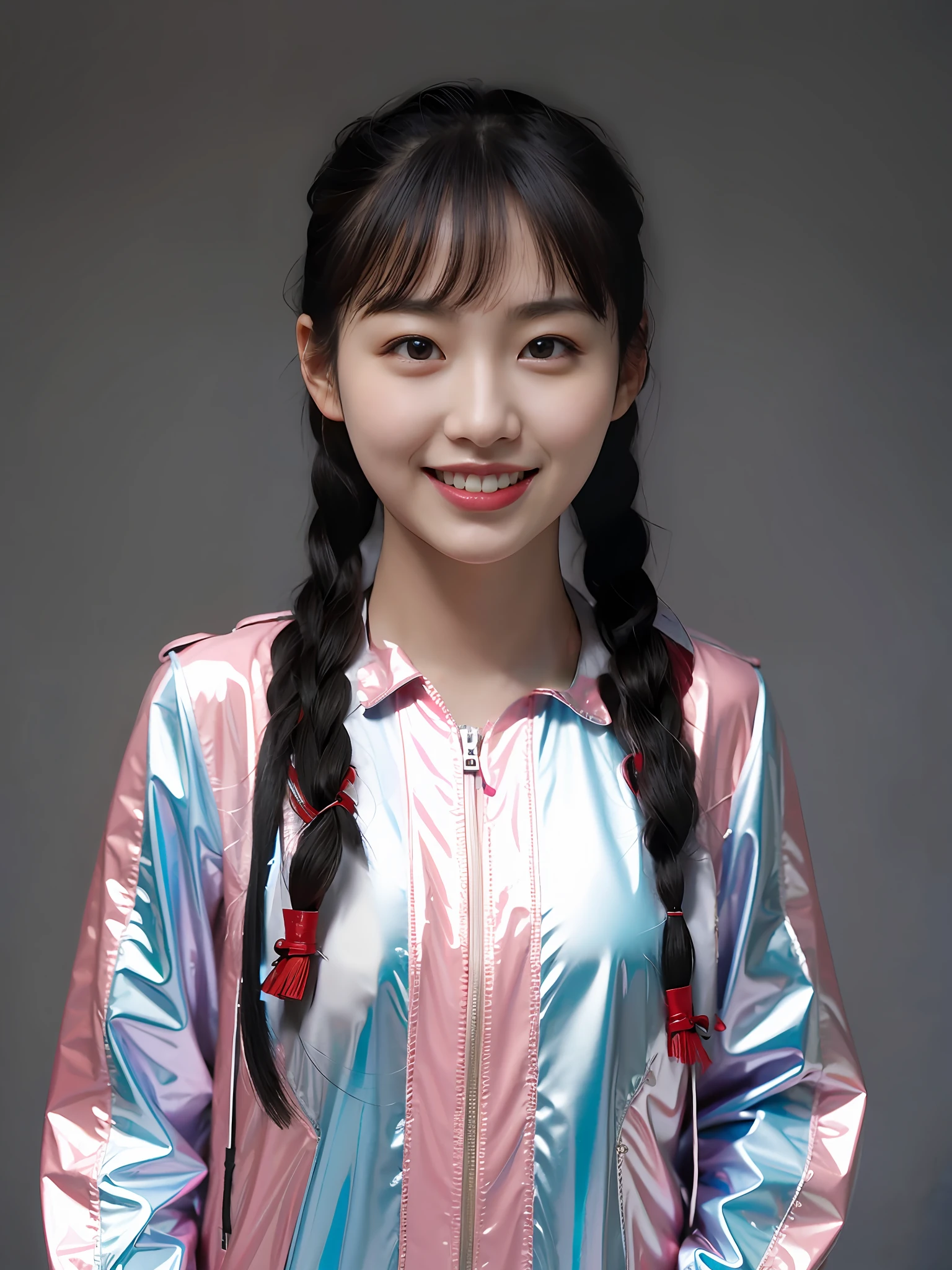 A Chinese high school girl，Wearing pink PVC casual clothes