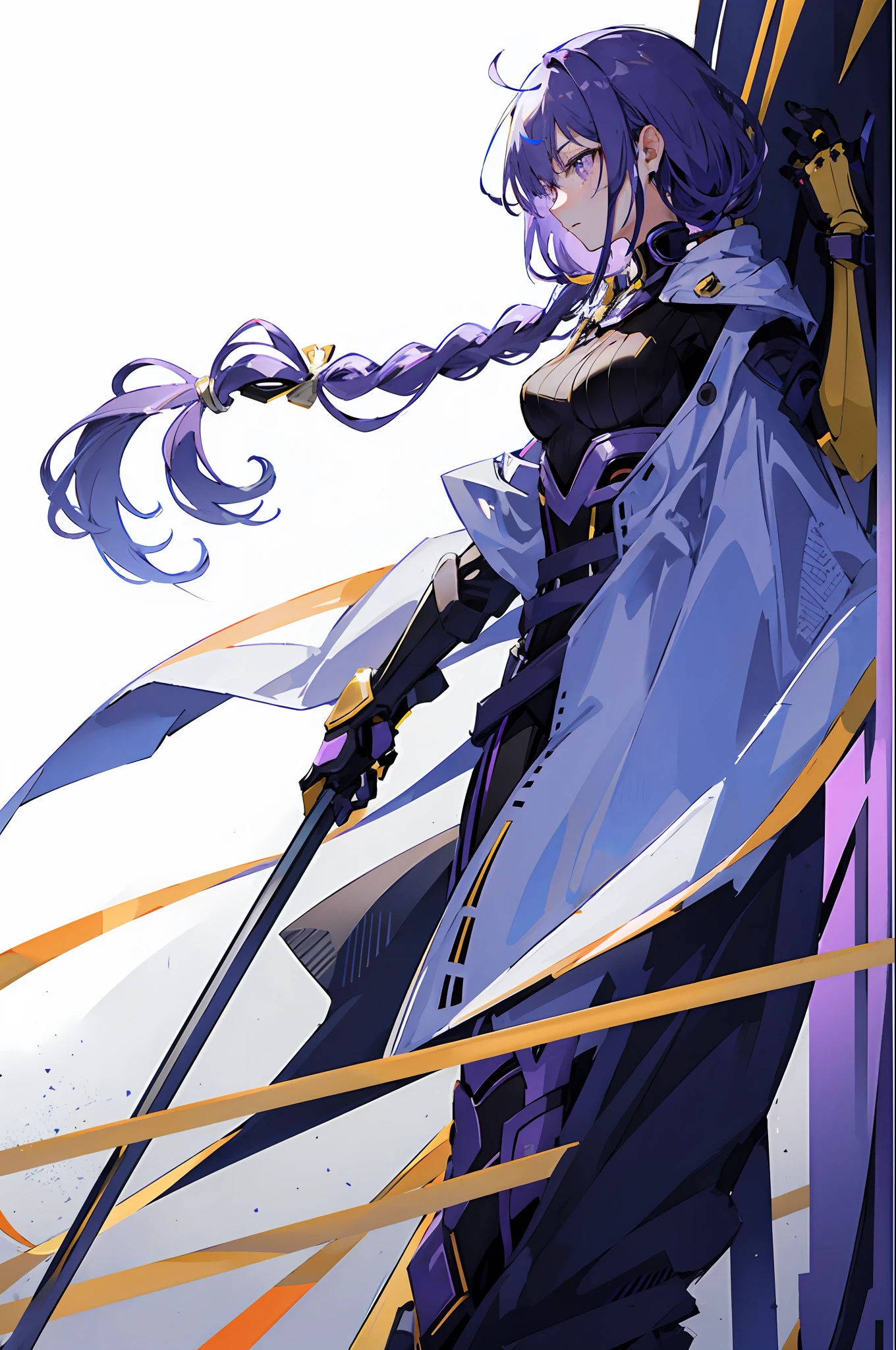 profile,Charter layout,full body,Stand and pay attention,view the viewer,putdownhands,Flashy clothes,Detail Clothing,White background,Raiden general，Purple eye，Twist braids，Purple colored hair，long whitr hair