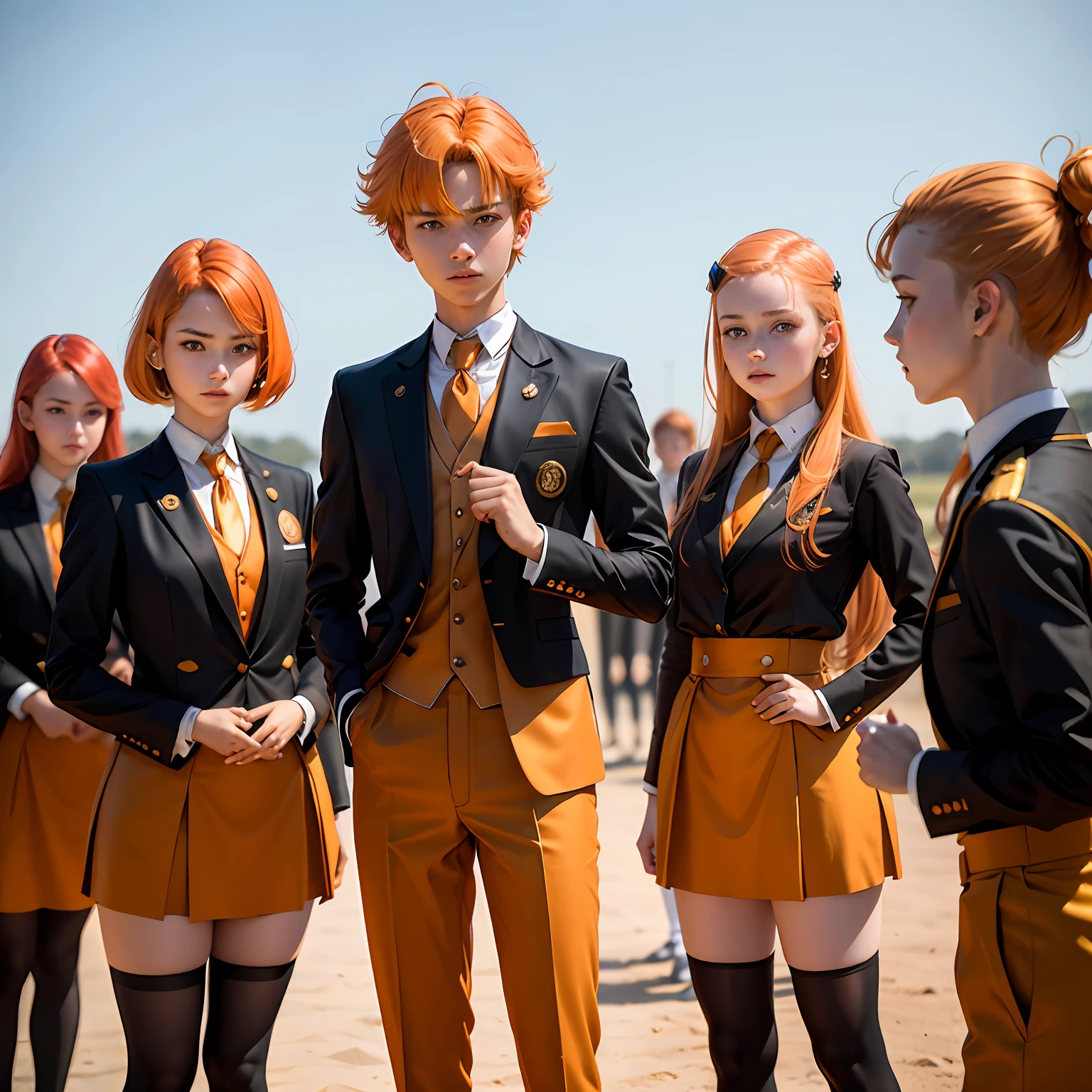 Group of -yeld tegers in training trained in ilera all have orange hair and orange eyes and wear elegant gold etiquette suits