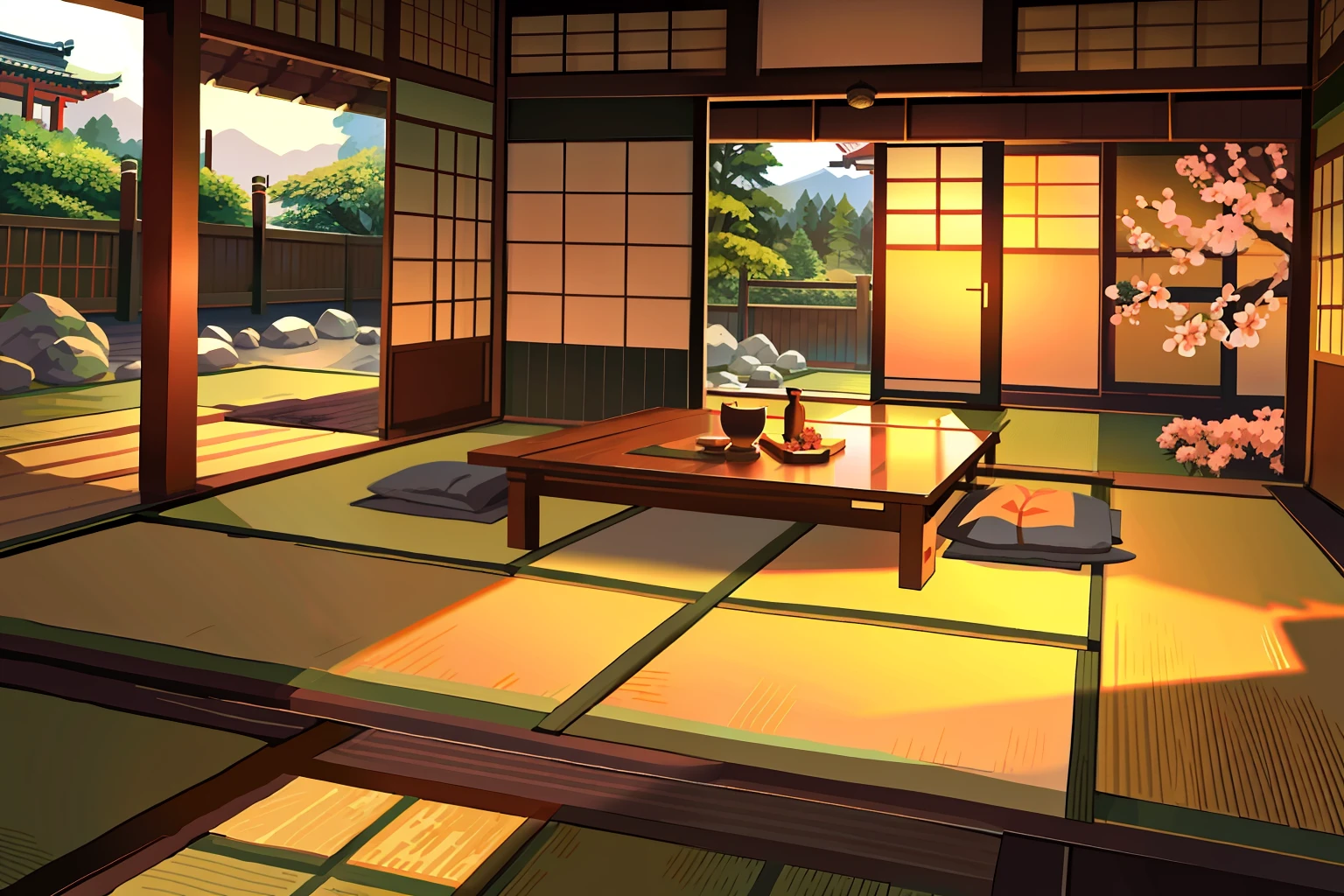 Japanese-style room with tatami mats　Background only　Outdoor gravel in the summer garden