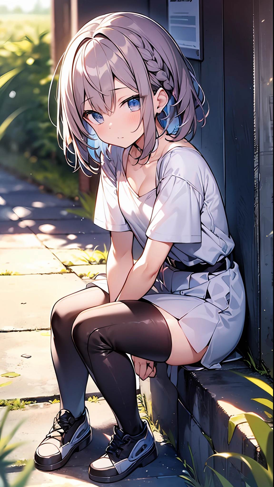 (top-quality、8K、32K、masterpiece、nffsw:1.2)、a cute 、Medium short hair、short braiding、beauitful face、(Slouched:1.3)、crouching down、(From above:1.2)、(a closeup:1.4)、small curvy loliou can see the chest))、Loose baggy T-shirt、(beautiful nipple slips:0.9)、outside of house、the wind、shinny skin、blurry backround、