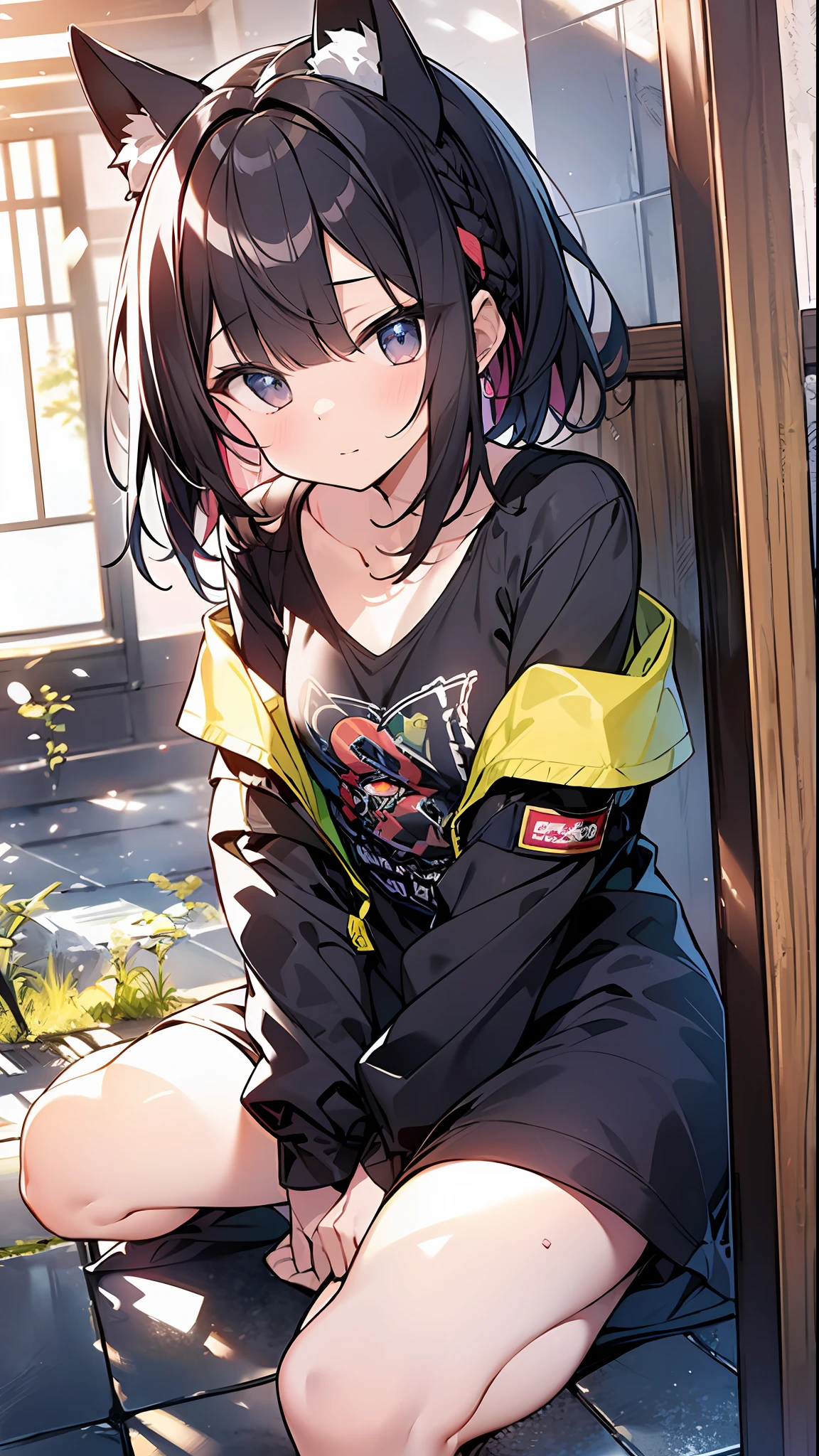 (top-quality、8K、32K、masterpiece、nffsw:1.2)、a cute 、Medium short hair、short braiding、beauitful face、(Slouched:1.3)、crouching down、(From above:1.2)、(a closeup:1.4)、small curvy loliou can see the chest))、Loose baggy T-shirt、(beautiful nipple slips:0.9)、outside of house、the wind、shinny skin、blurry backround、