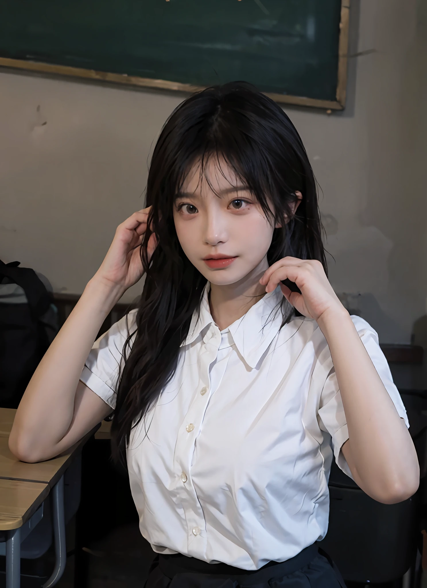 best qualtiy,tmasterpiece,超高分辨率,(realisticlying:1.4),1girll,Raised sexy,A pair of beautiful and moving eyes look at the audience,Sunshine classroom,(Chinese school uniform and bow tie in random colors:1.2),(Bigchest:1.4),(The upper part of the body:1.4)