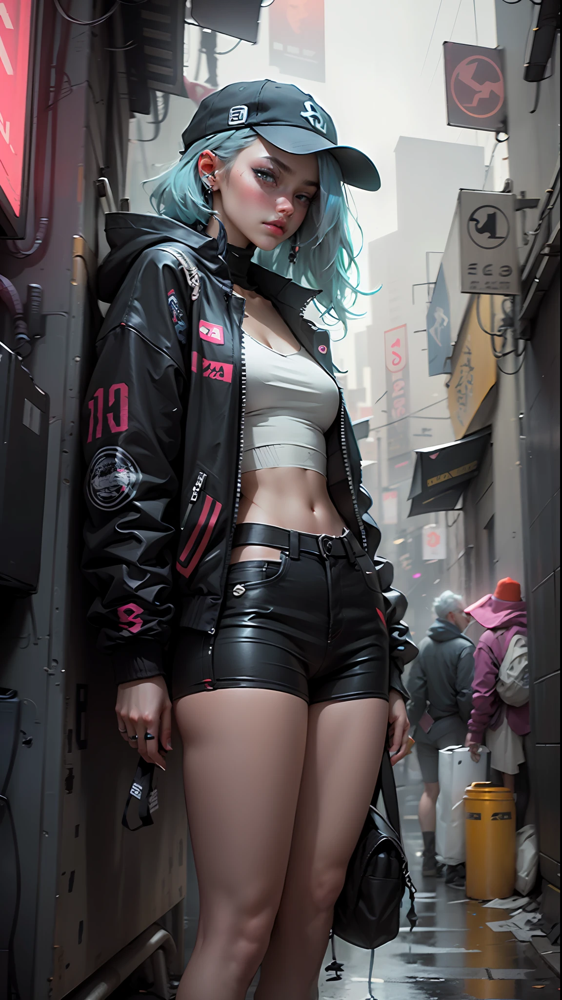 Beauty in the hair,wearing hat,Cyberpunk-inspired short outfits,blue hairs,Artistic sense