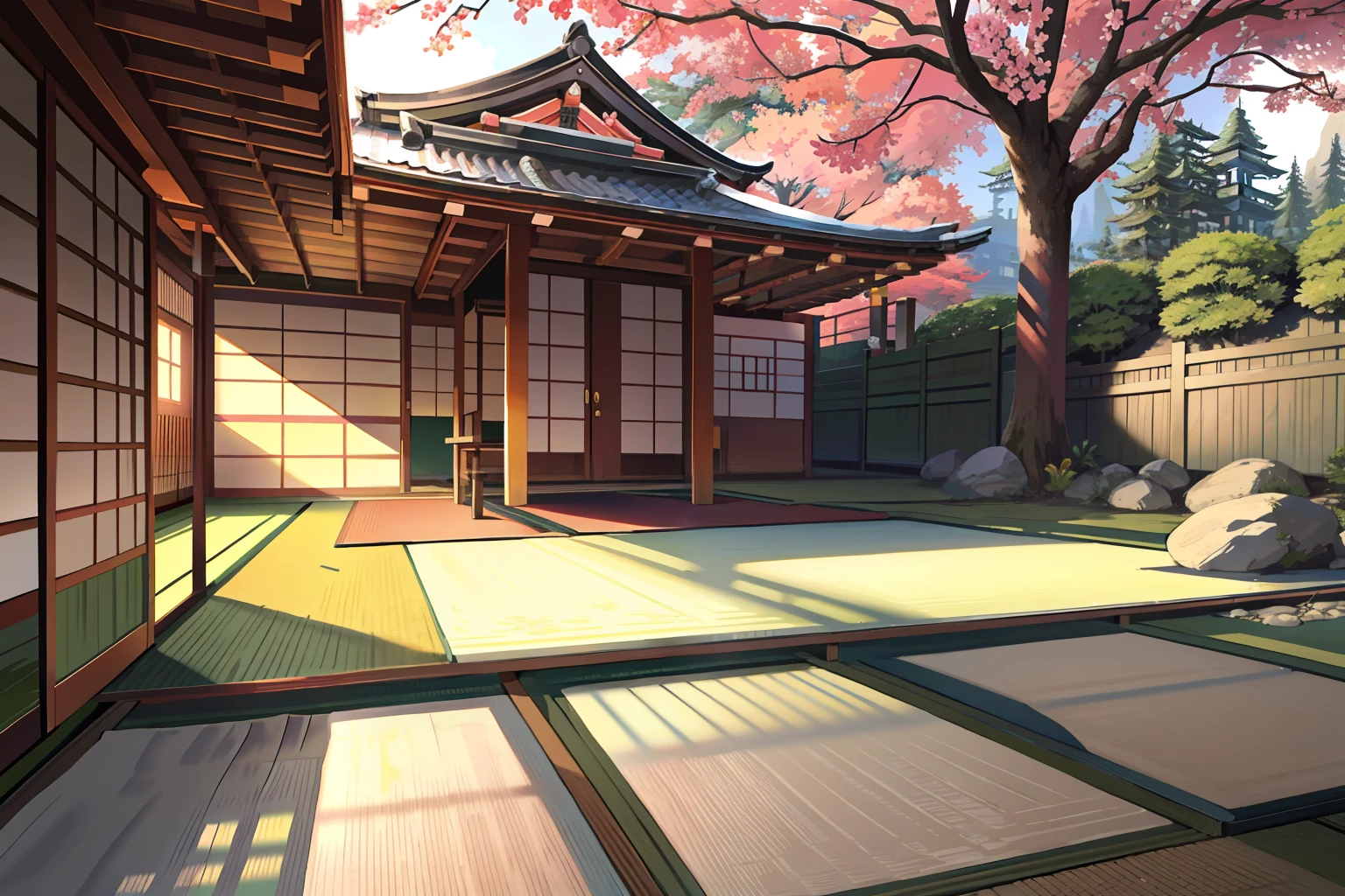 Japanese-style room with tatami mats　Background only　Outdoor gravel in the summer garden