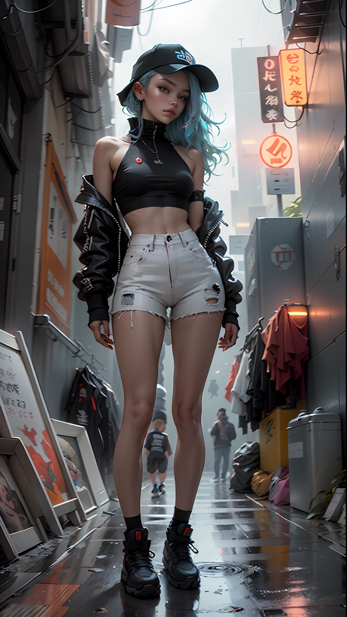 Beauty in the hair,wearing hat,Cyberpunk-inspired short outfits,blue hairs,Artistic sense