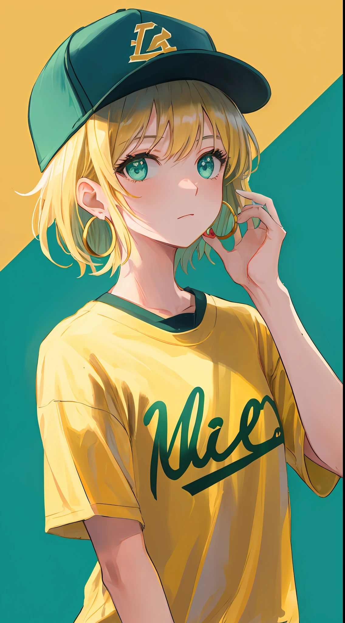 masterpiece, best quality, 1girl, aqua eyes, baseball cap, blonde hair, closed mouth, earrings, green background, hat, hoop earrings, jewellery, looking at viewer, shirt, short hair, simple background, solo, upper body, yellow shirt