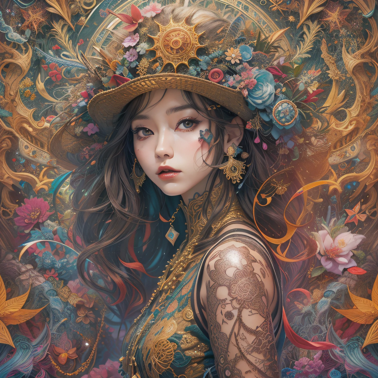 Official art、unity 8k wall paper、ultra-detailliert、Beautifully Aesthetic、masterpiece、top-quality、(Zentangle、a Mandala、Tangles、Tangles)、(Fractal Art:1.3)、One girl、ighly detailed、Dynamic angles、Cowboy Shots、The most beautiful forms chaos、elegent、Brutalist design、Vibrant colors、romantism、