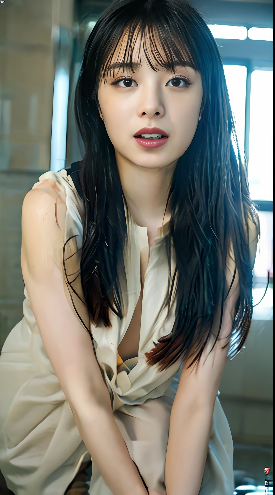 ((top-quality、16k、​masterpiece:1.3))、Beautiful woman with perfect body shape:1.4、Slender Abs:1.2、((longwavy hair))、((small tits:1.4))、((KPOP Idol:1.3))、((Shower water))、((Lingerie 1.5))、((浴室))、Highly detailed facial and skin texture、((the pose))、((魅惑的))、((spread legswide))、((Drenched body))、Facial expressions during masturbation、