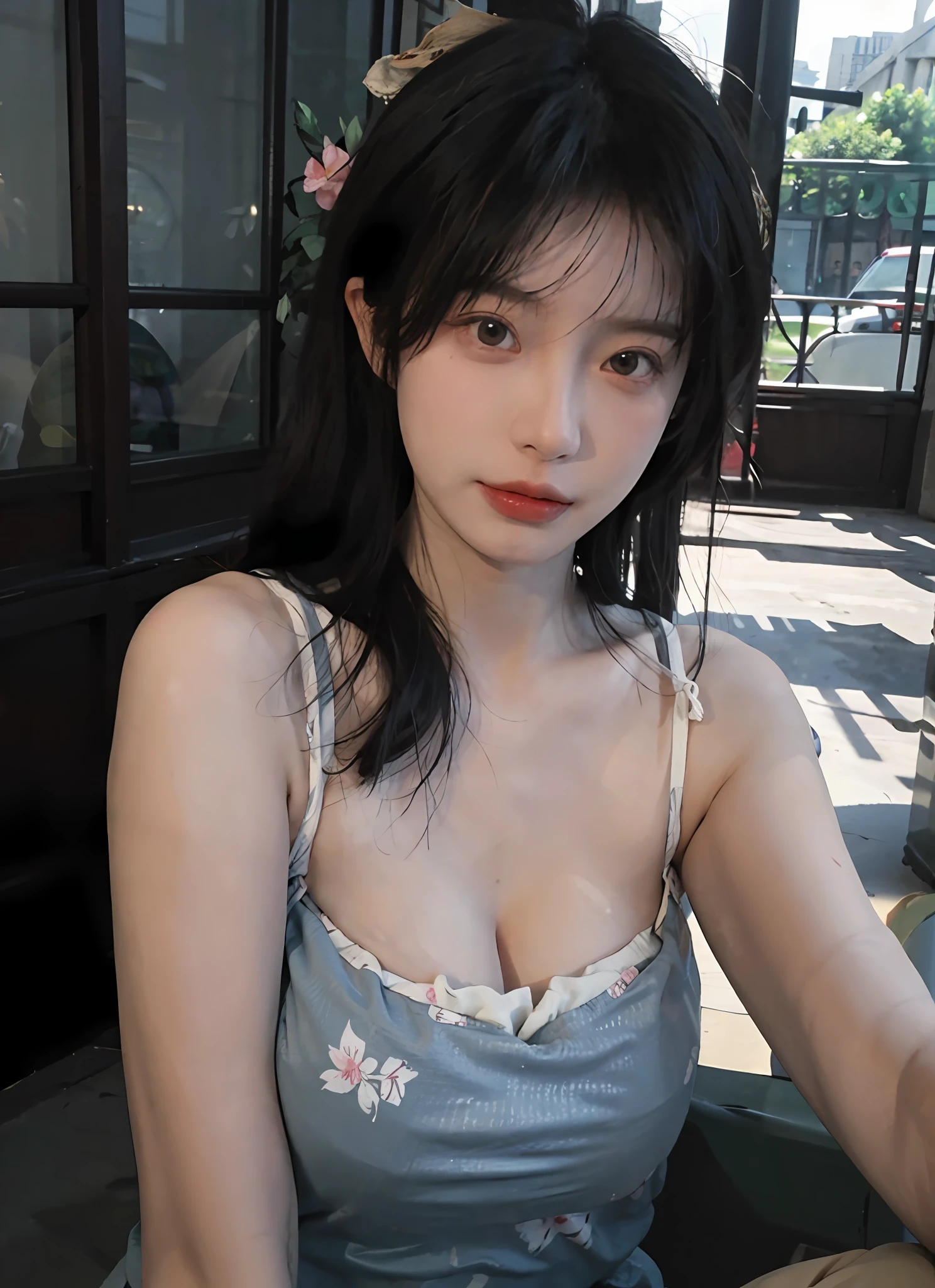 best qualtiy，tmasterpiece，超高分辨率，（realisticlying：1.4），1个Giant Breast Girl，A pair of peach blossom eyes，looking at viewert，Raised sexy，（on cheongsam：1.2），（big cleavage breasts：1.3），（The upper part of the body：1.4）